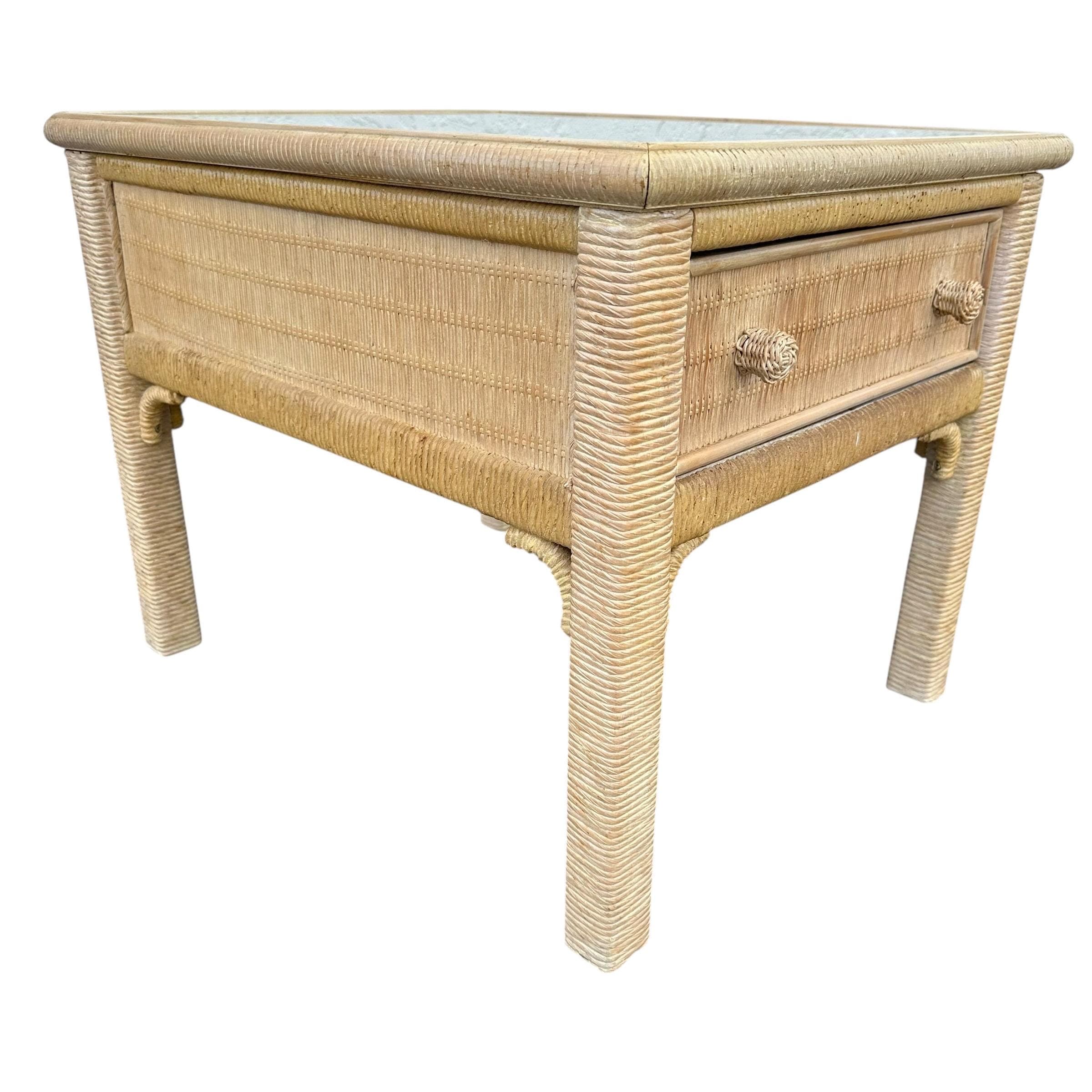 Rattan End Table by Henry Link Wicker 22x27 with Glass Top & Drawer - Vintage Coastal Boho Chic Hollywood Regency Bamboo Style Furniture - Thumbnail 4