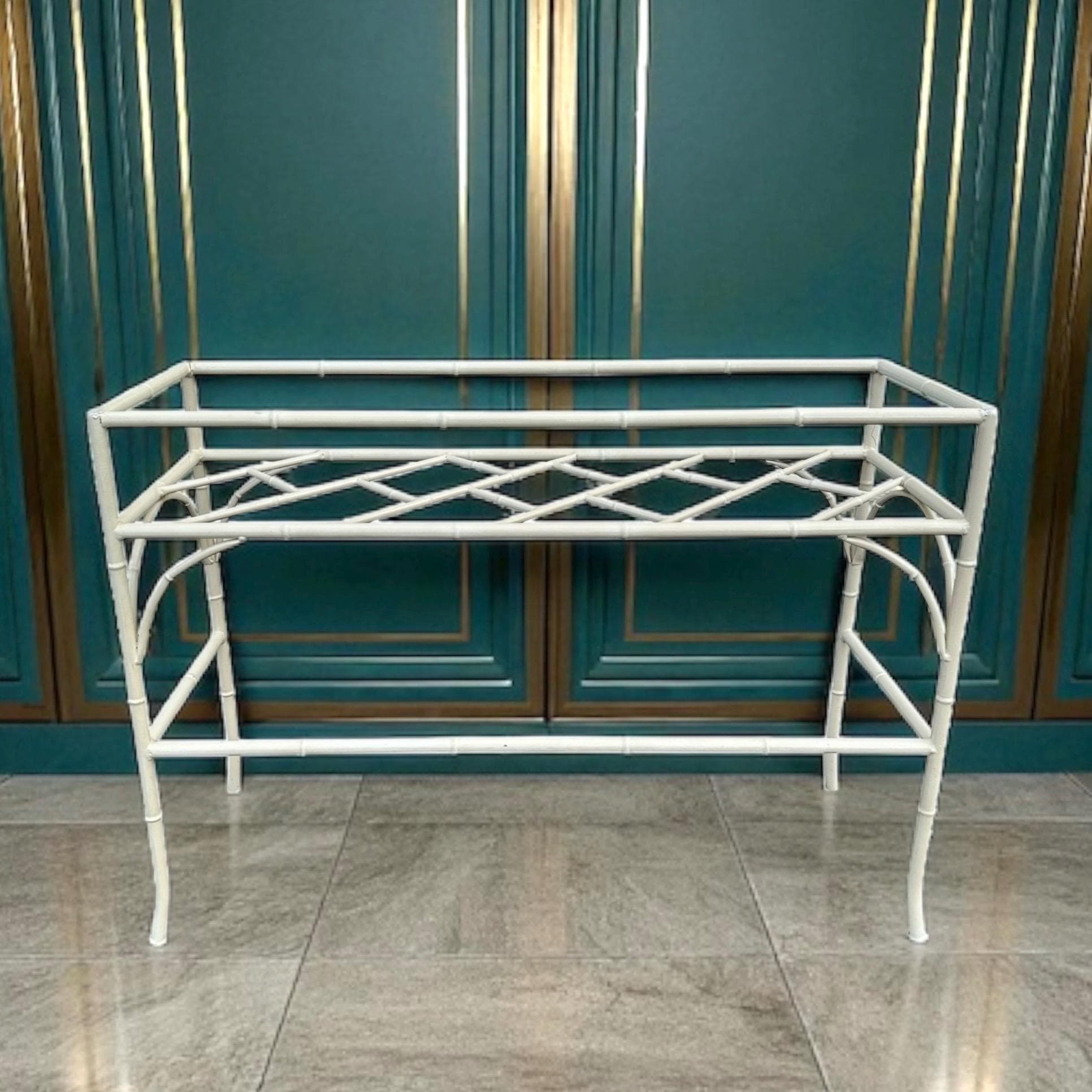 White Faux Bamboo Console Table 42” - Vintage Chinese Chippendale Fretwork Hollywood Regency Mid-Century Wrought Iron Patio Table - Image 1