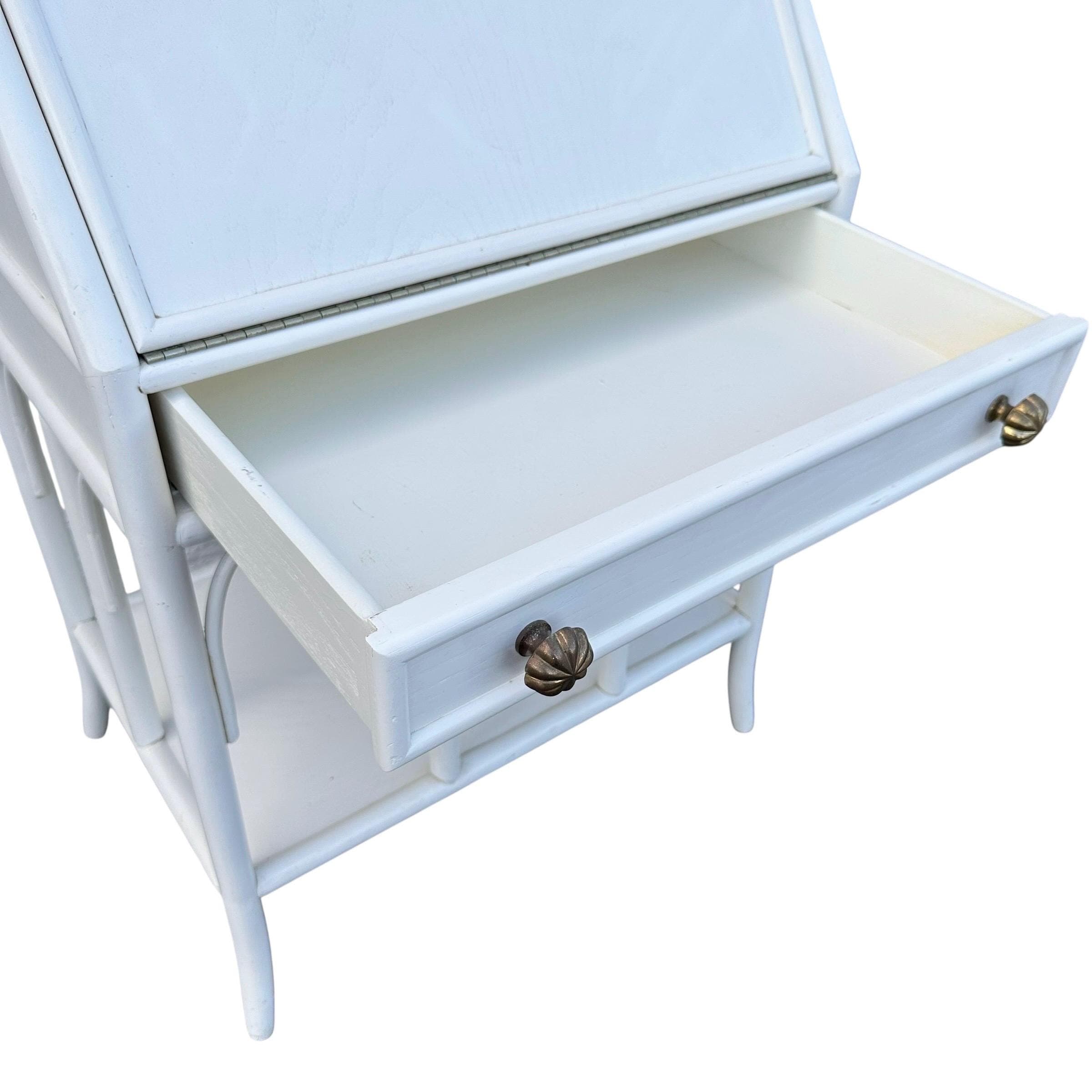 Vintage White Bamboo Secretary Desk with Drop Front - Coastal Rattan Boho Chic Style Furniture - Thumbnail 6