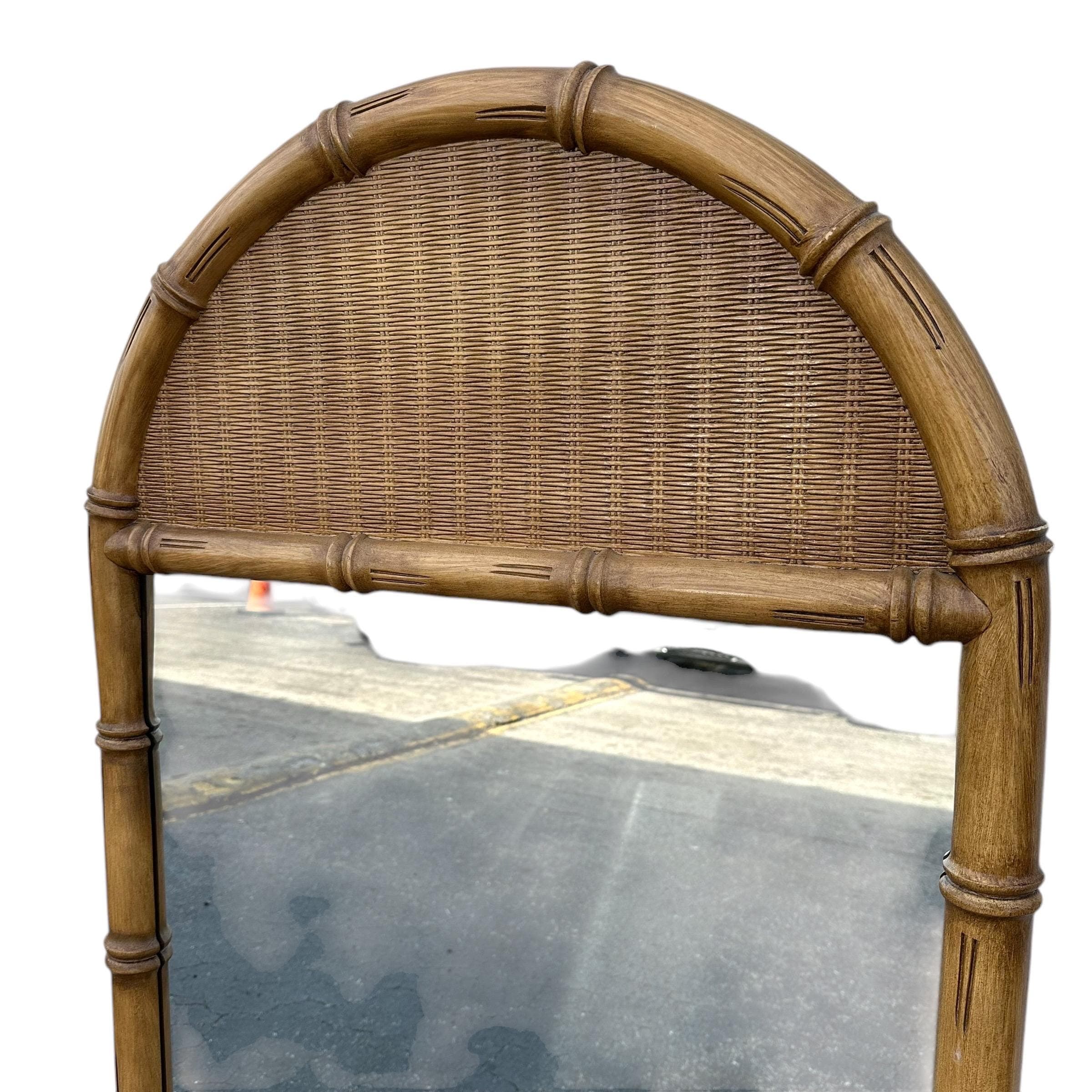 Faux Bamboo & Wicker Mirror 51x29 LOCAL PICKUP Vintage Broyhill Rounded Brown Wooden Coastal Hollywood Regency Style - Thumbnail 2