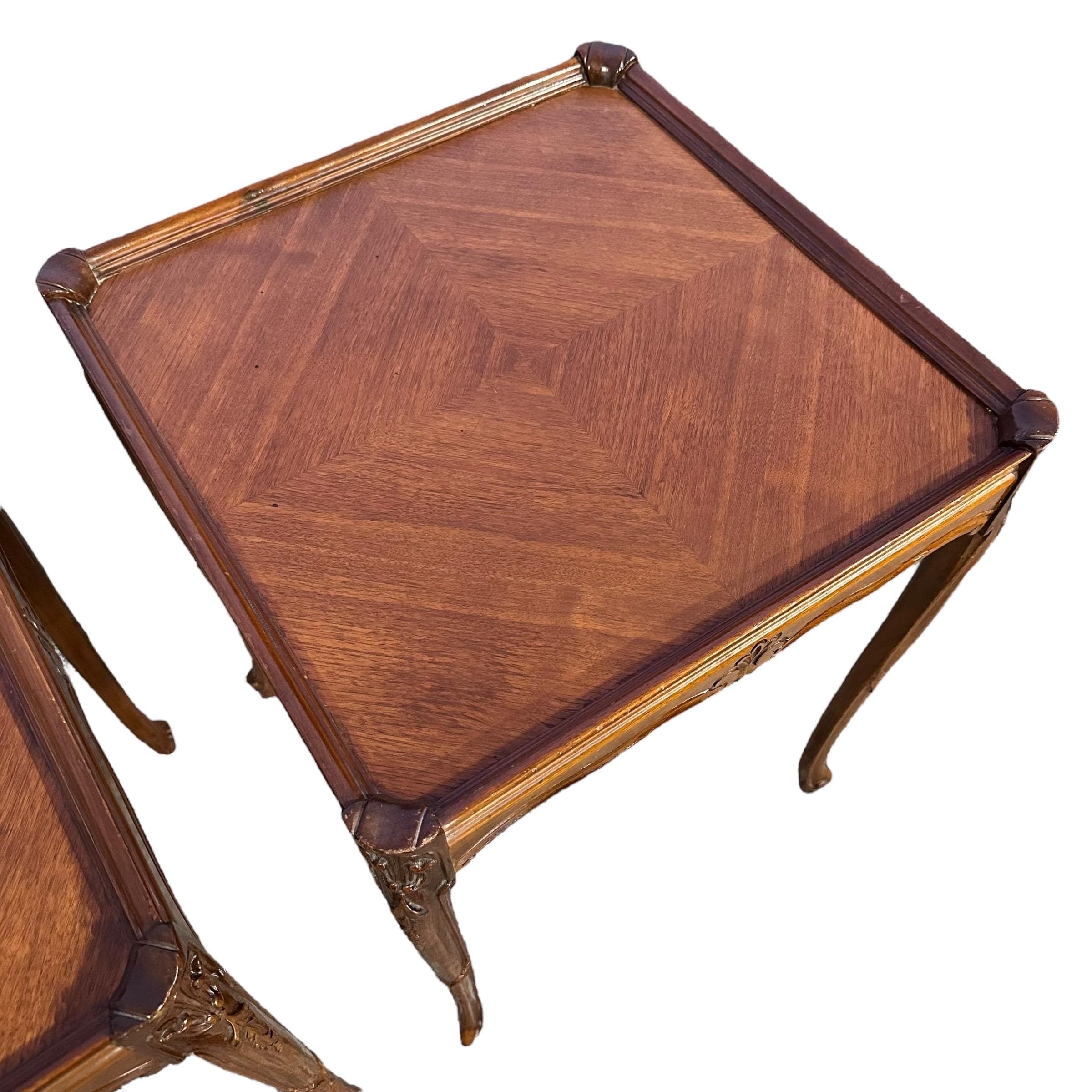 Vintage French Provincial End Tables - Carved Wood Parquet Top Side Tables - a Pair - Thumbnail 4