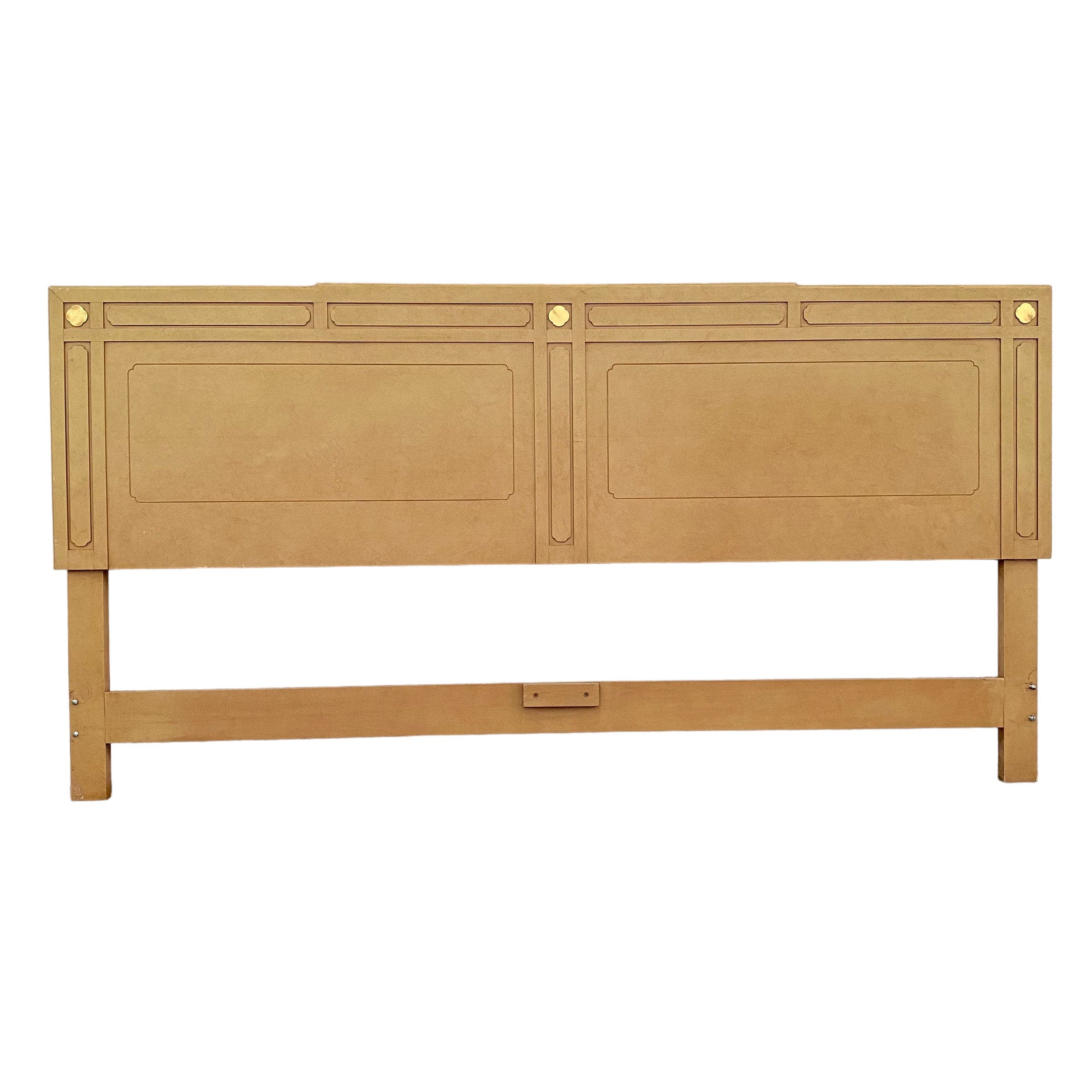 Chinoiserie King Headboard in Tan with Gold Brass Details - Vintage Asian Style Bedroom Furniture - Image 1
