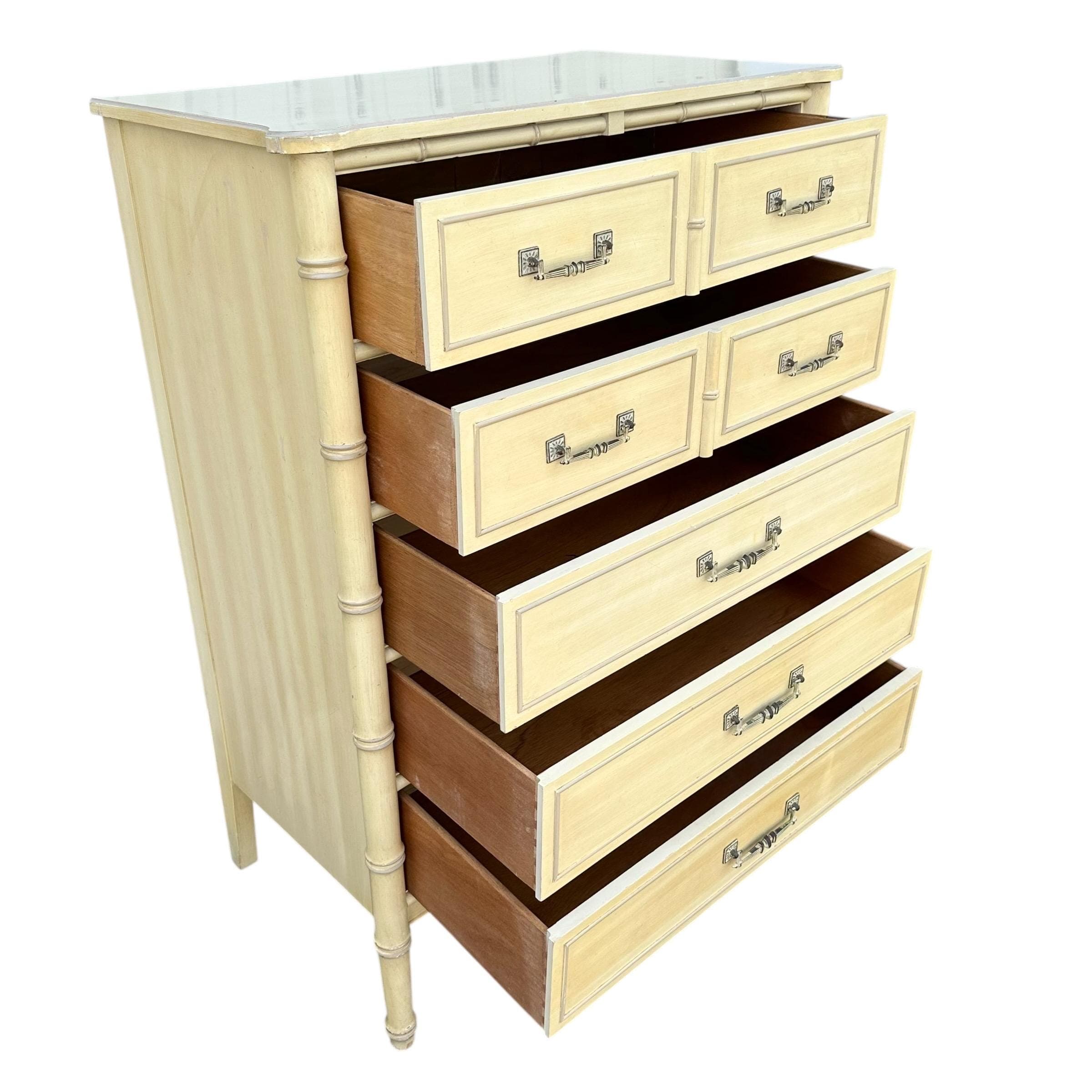 Vintage Henry Link Tallboy Dresser - Creamy White, Faux Bamboo, Hollywood Regency Style - Thumbnail 3