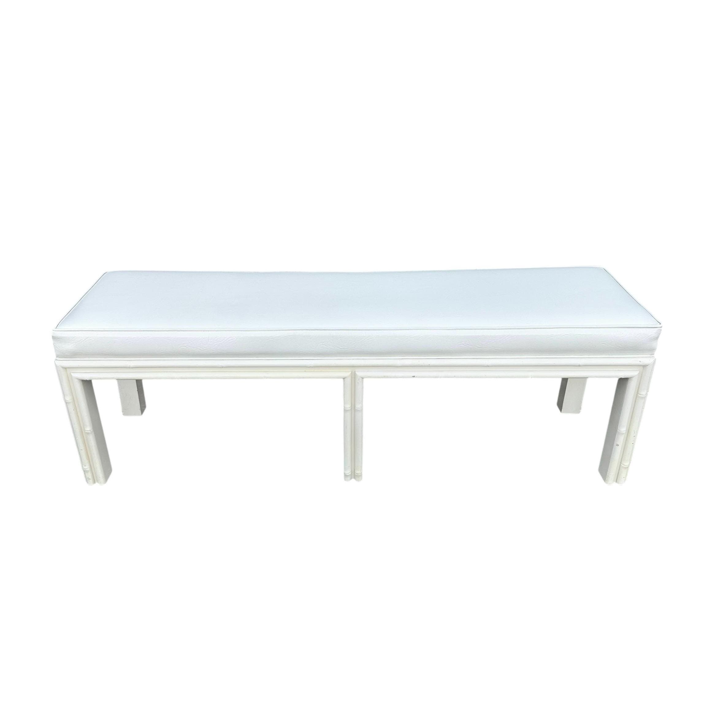 White Hollywood Regency Bench 61” Long - Vintage Faux Bamboo Wood & Leather Like Upholstered Seat - Coastal Mid Century Style Furniture - Thumbnail 10