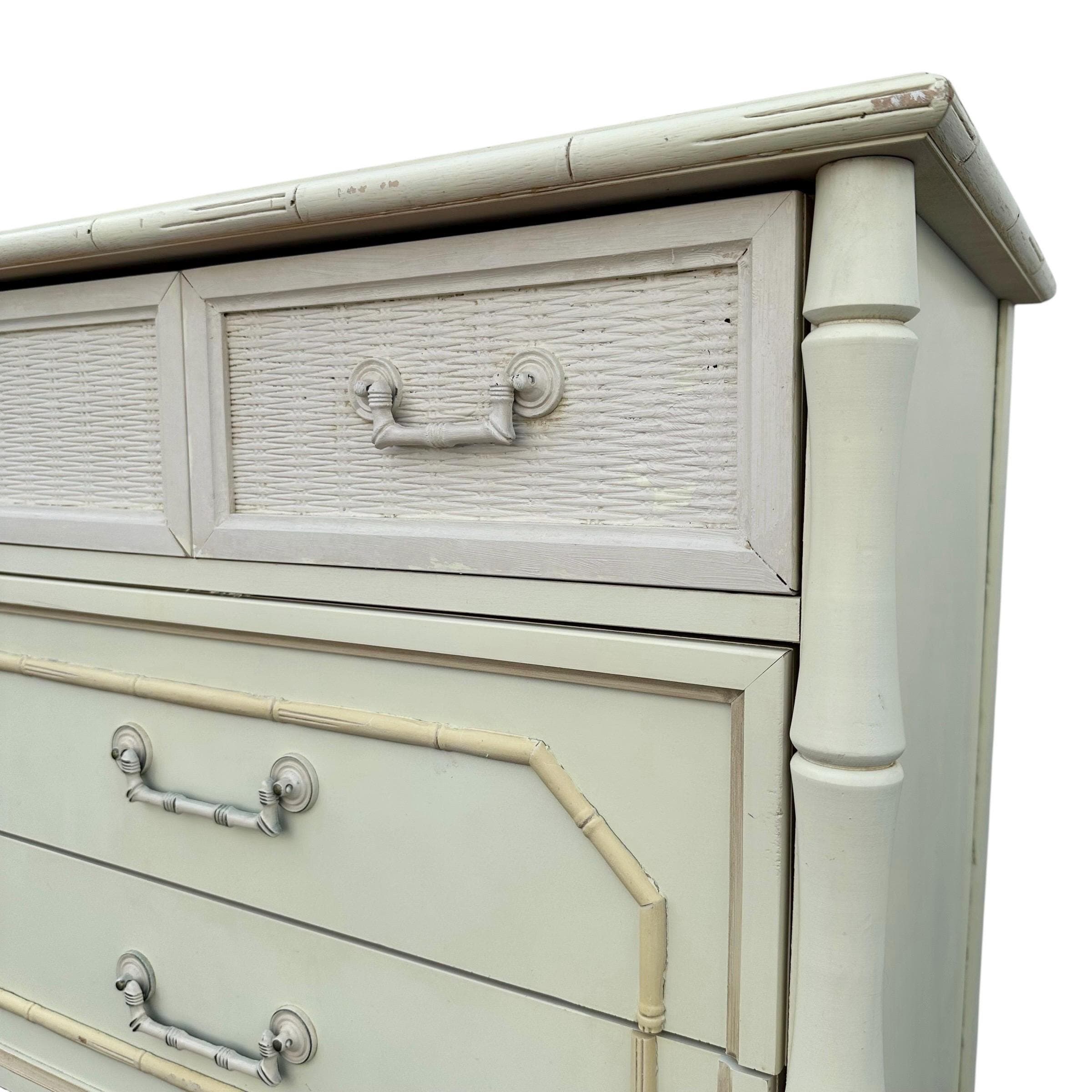 Vintage Broyhill Faux Bamboo Dresser 60" - Creamy White Hollywood Regency Coastal Bedroom Furniture - Thumbnail 6