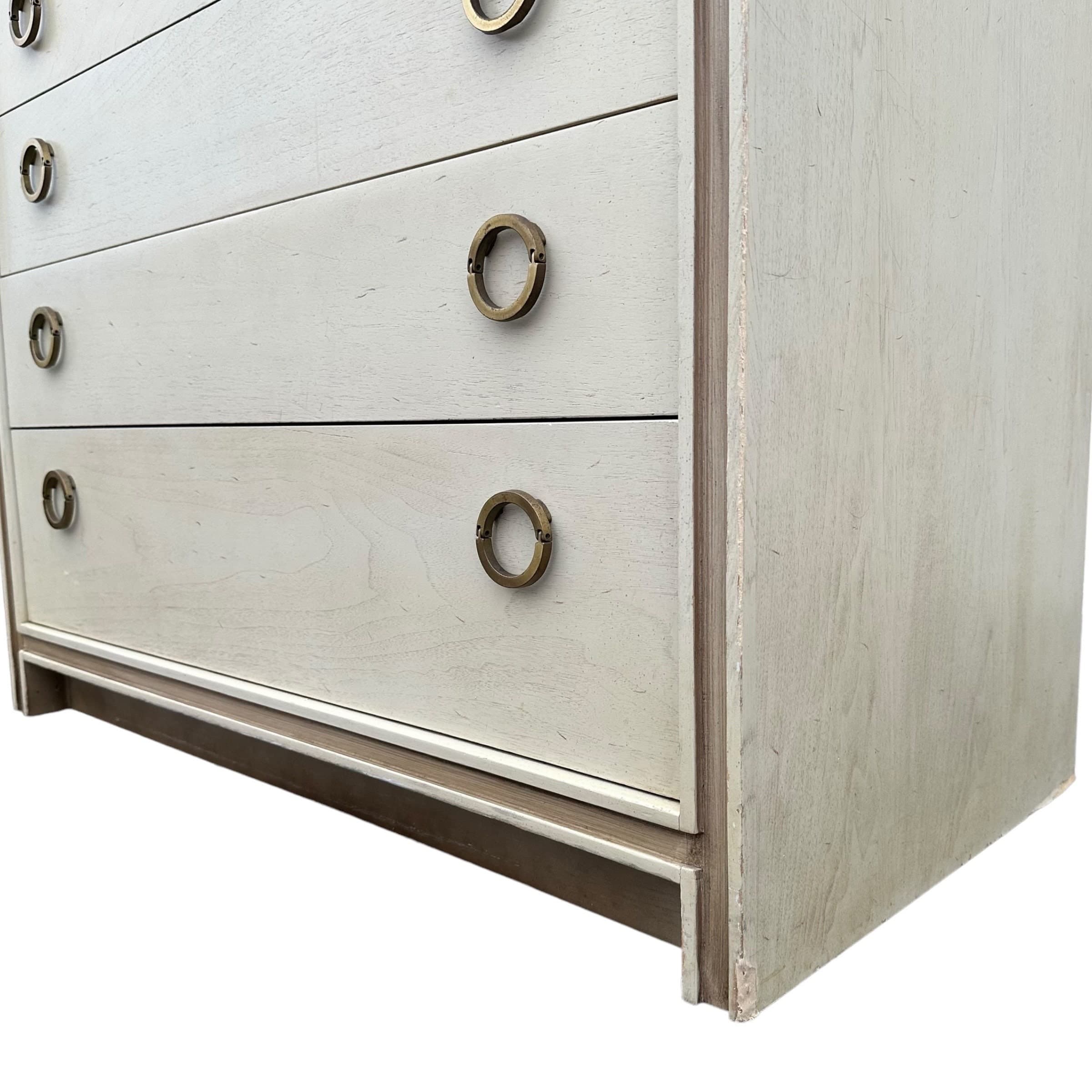 Vintage Hickory Furniture Chest with 4 Drawer Brass Ring Pulls | Mid Century Modern Cream & Gold Wood Dresser - MCM Bedroom Storage - Thumbnail 6