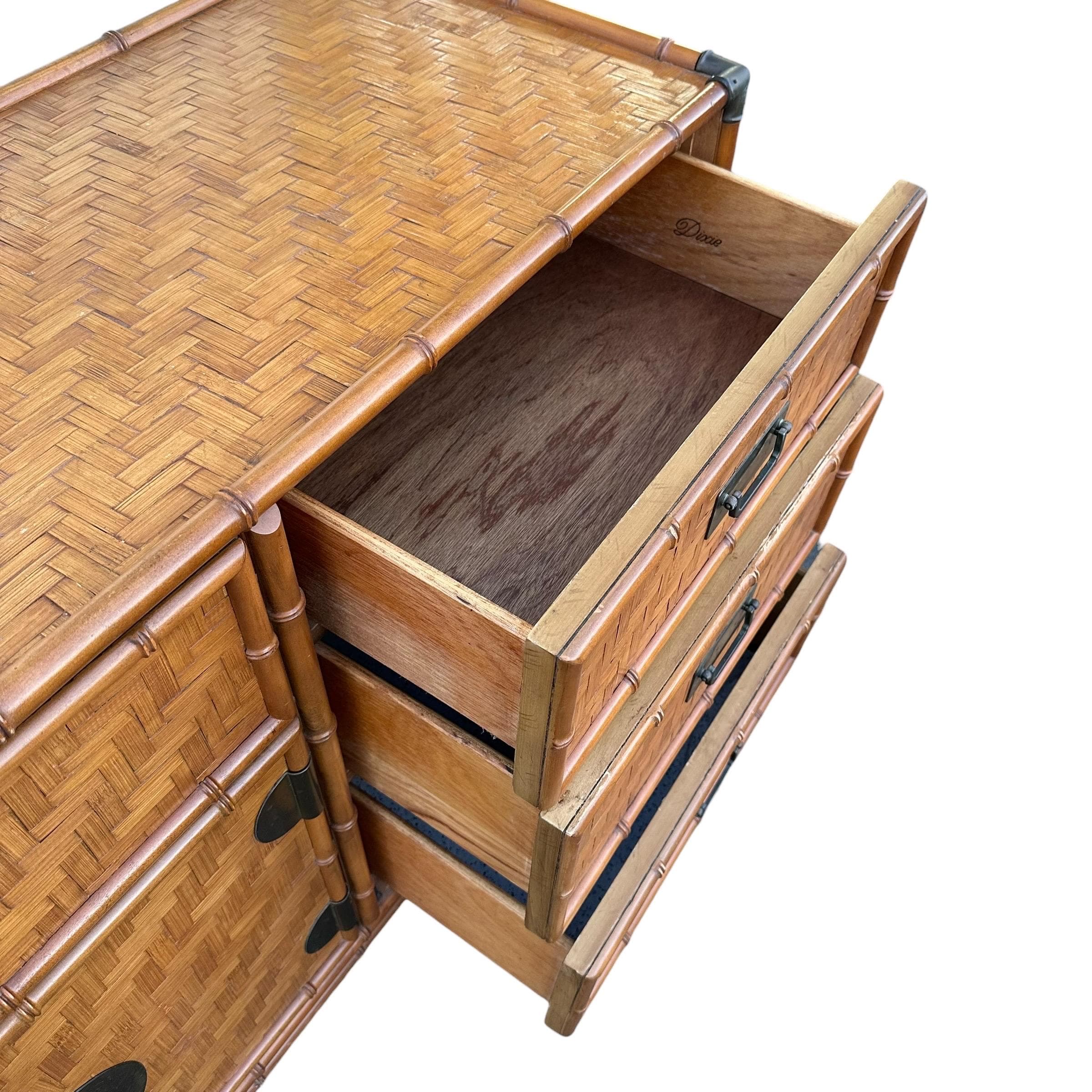 Rattan Dresser by Dixie with Faux Bamboo, Woven Herringbone Wicker & 9 Drawers - Vintage Campaign Hollywood Regency Coastal Style Furniture - Thumbnail 14