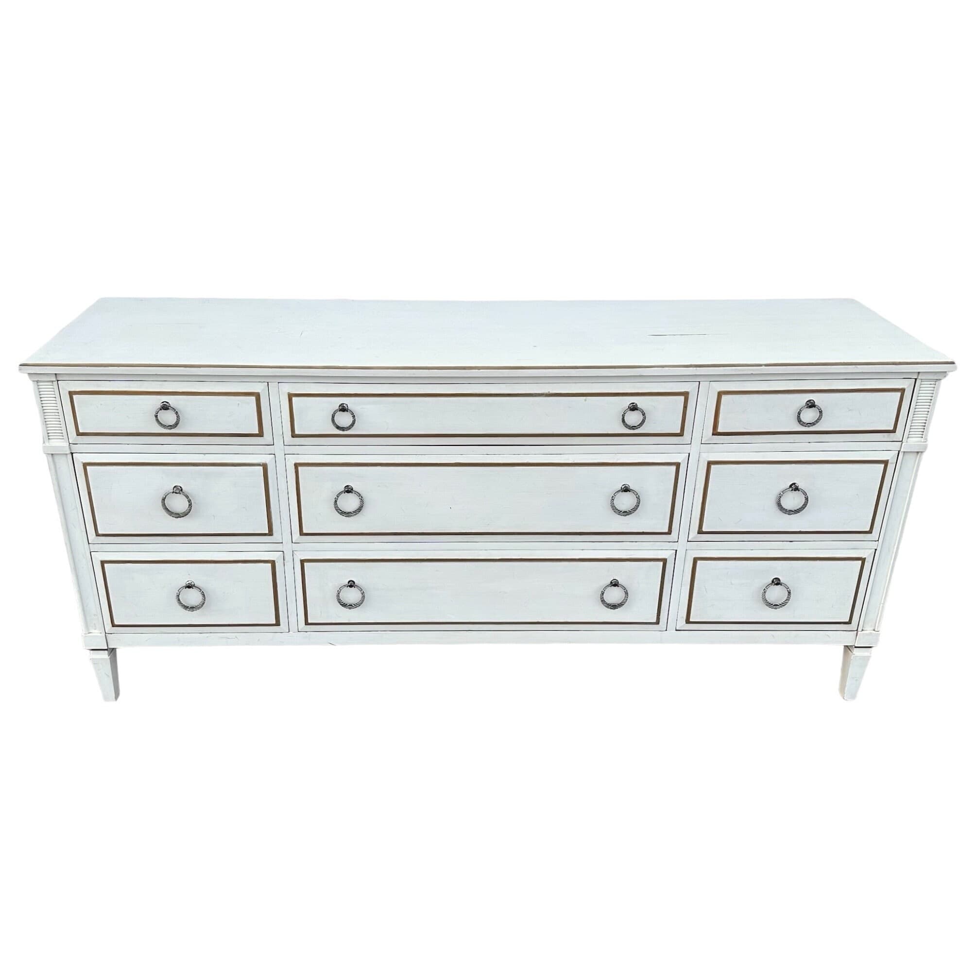 Vintage Davis Cabinet Company 71” Long Dresser – Antique White Gold Wood 9 Drawer Credenza with Drop Ring Pulls - Thumbnail 9