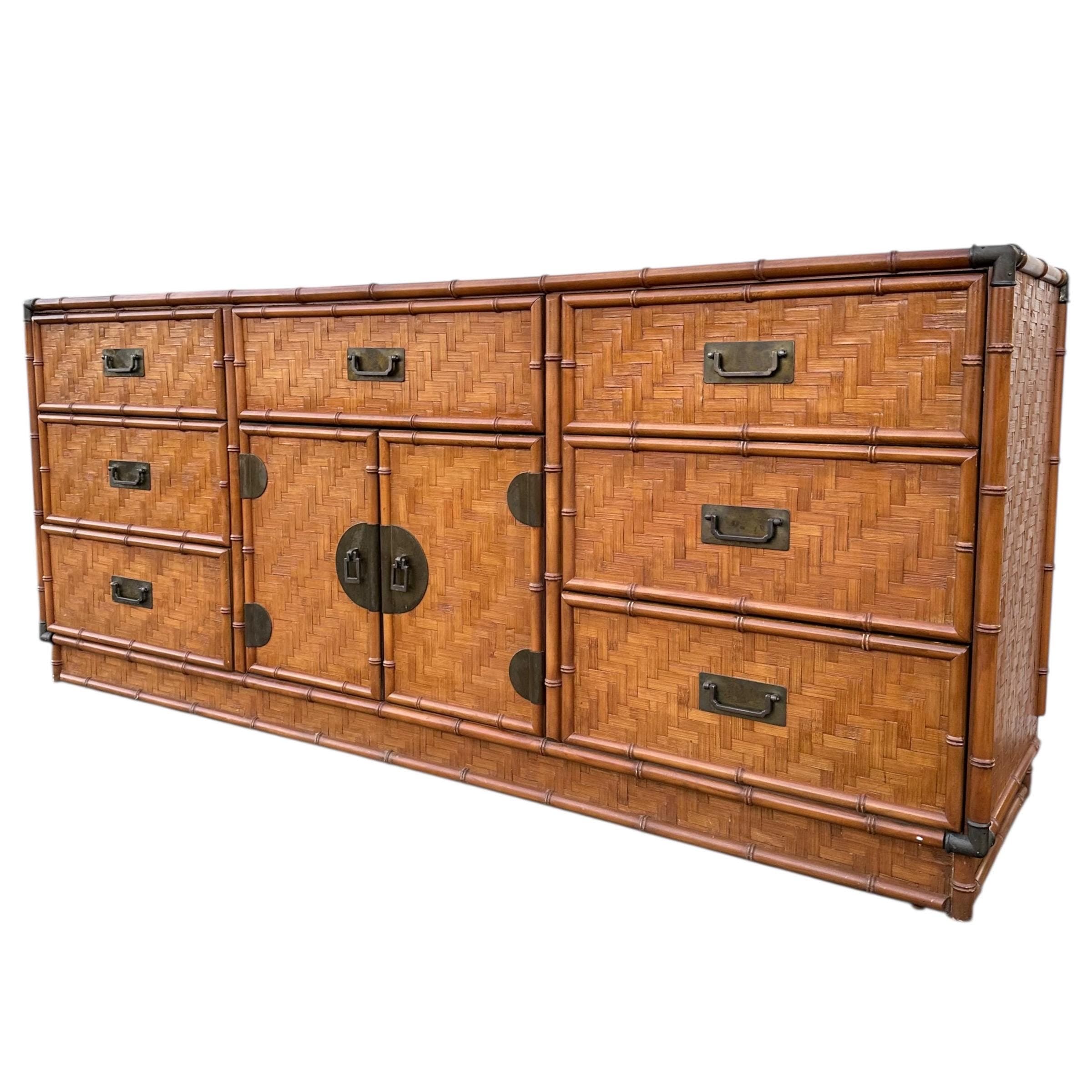 Rattan Dresser by Dixie with Faux Bamboo, Woven Herringbone Wicker & 9 Drawers - Vintage Campaign Hollywood Regency Coastal Style Furniture - Thumbnail 15