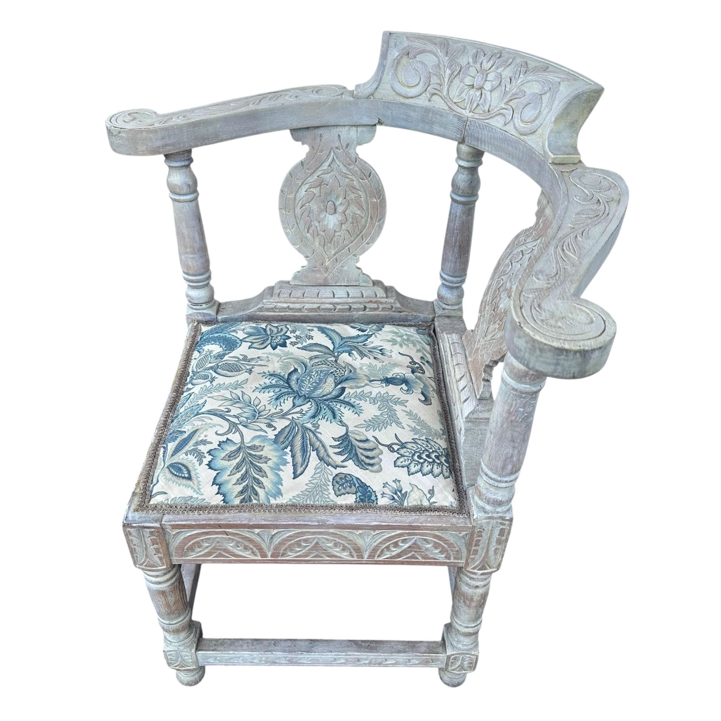 Vintage Carved Wood Corner Chair: Blue Floral Upholstered Accent Armchair - Thumbnail 10