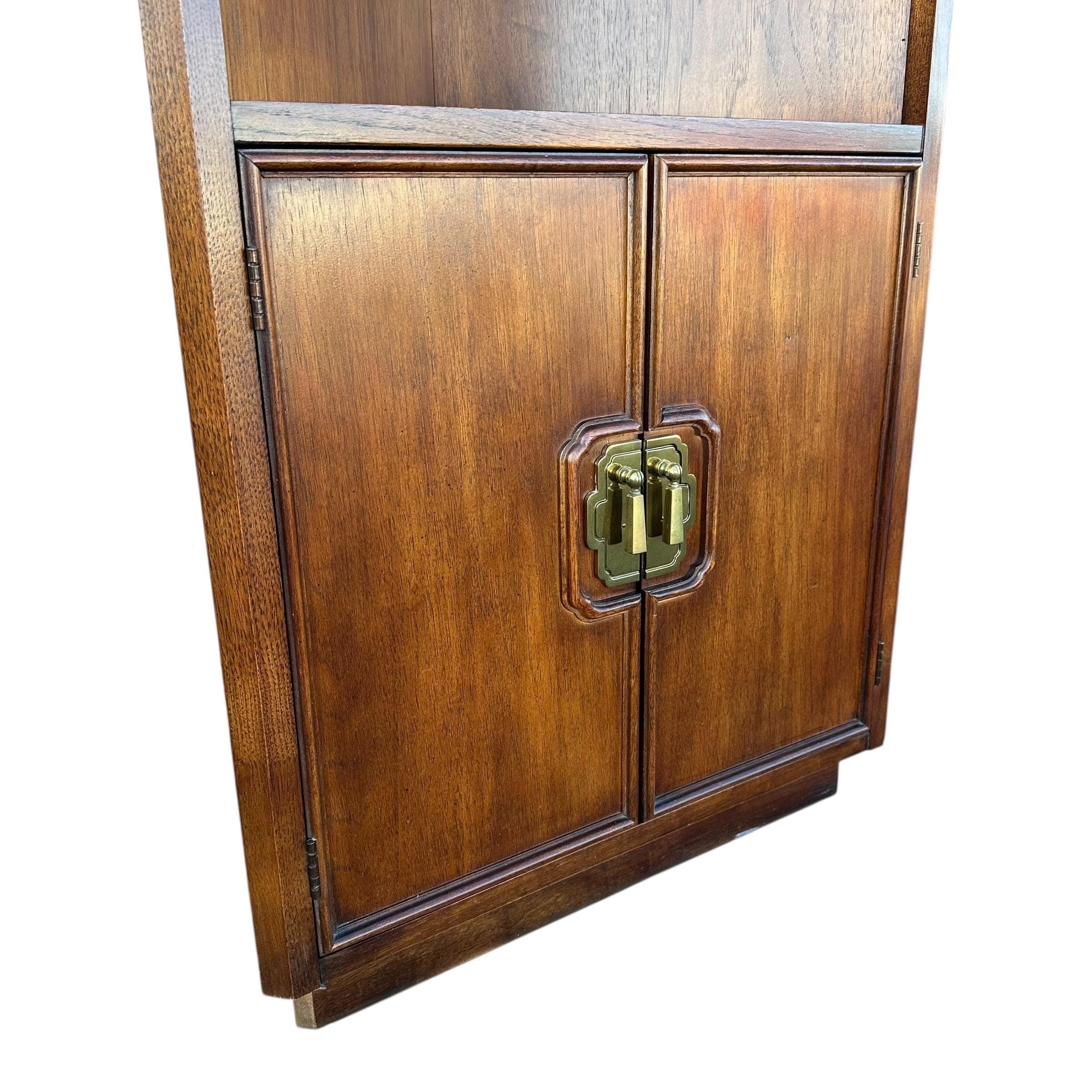 Lighted Corner Cabinet 79” Tall by Thomasville Mystique - Vintage Wood, Mirror Glass & Brass Display Case - Chinoiserie Asian Style Shelf - Thumbnail 14