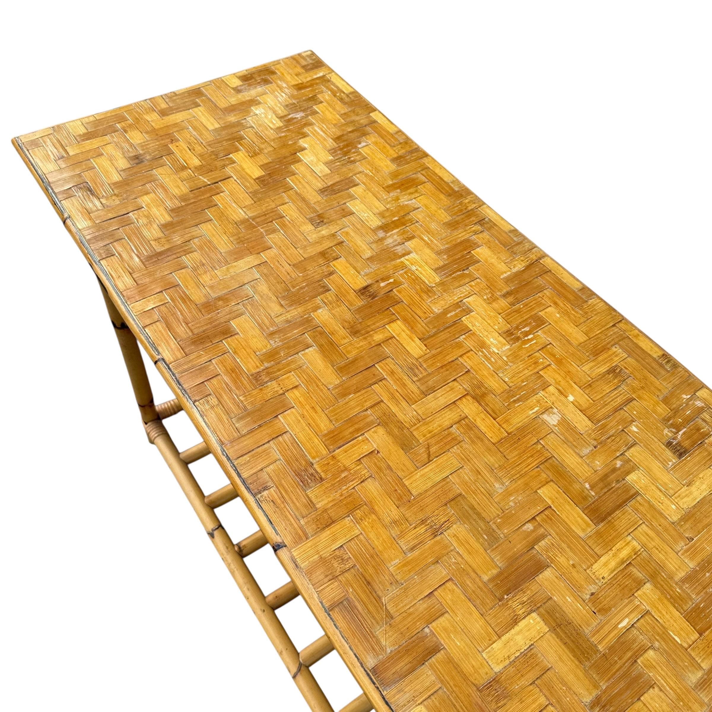 Vintage Bamboo Console Table 43” - Herringbone Rattan Wicker Entry Sofa Hollywood Regency Coastal Boho Chic Furniture - Thumbnail 6
