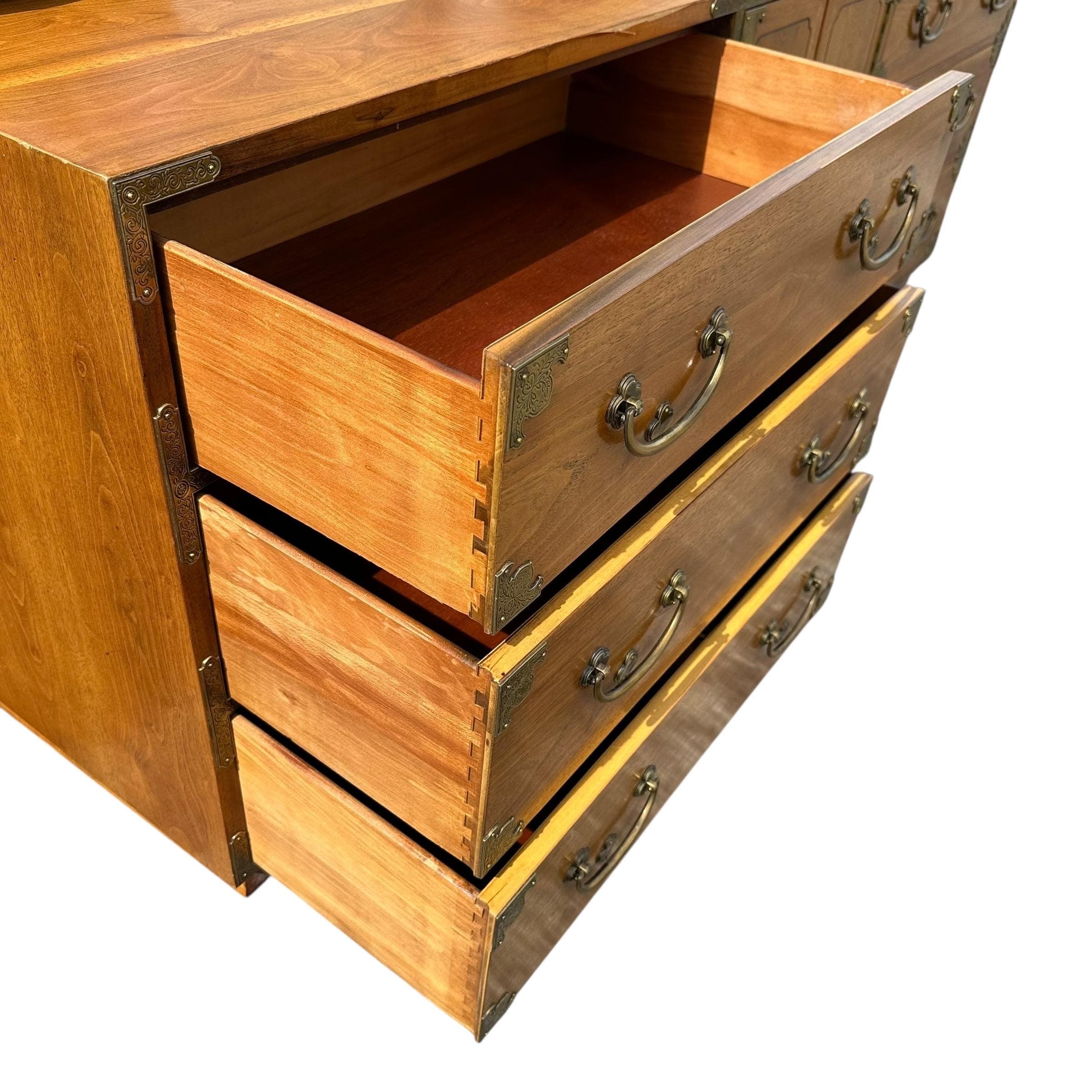 Vintage Henredon Chinoiserie Campaign Dresser Project 80” Long - Hollywood Regency Asian Style 9 Drawer Credenza - Thumbnail 3