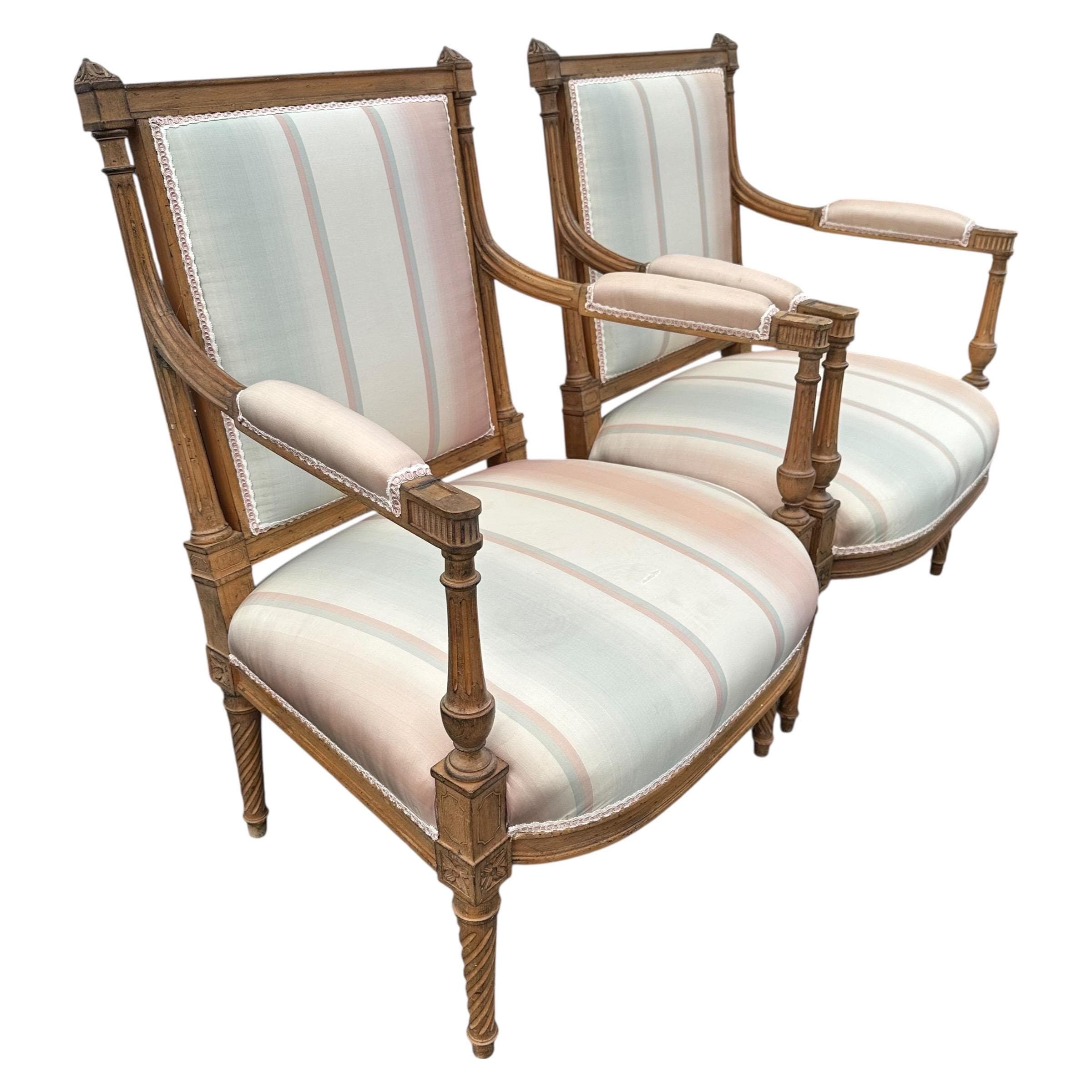 Louis XVI Style Armchairs: Vintage Carved Wood, Striped Upholstery - Set of 2 - Thumbnail 2