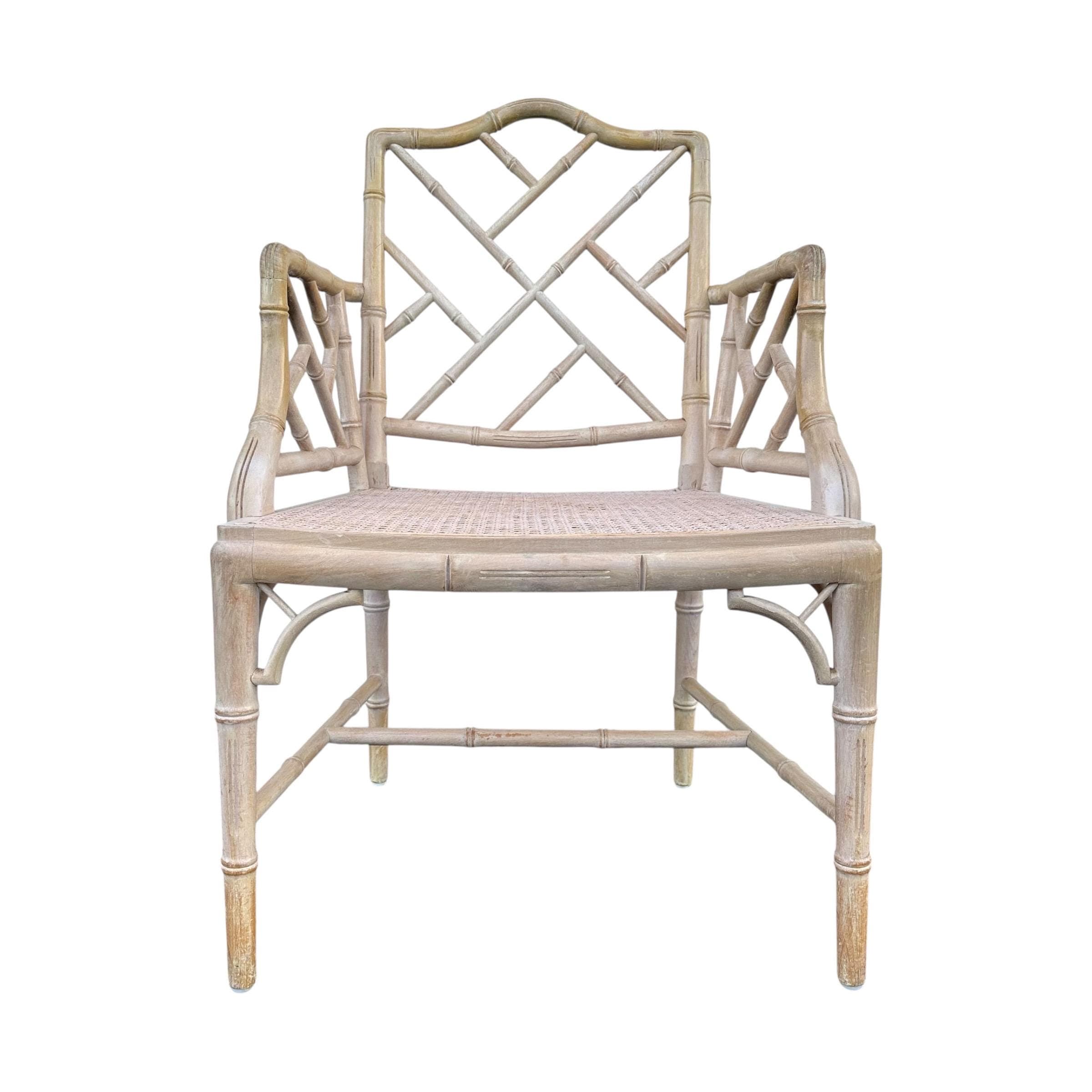 Vintage Chinese Chippendale Arm Chair - Faux Bamboo, Rattan Cane Seat, Whitewashed Wood, Chinoiserie Fretwork, Cushions, Hollywood Regency - Image 1