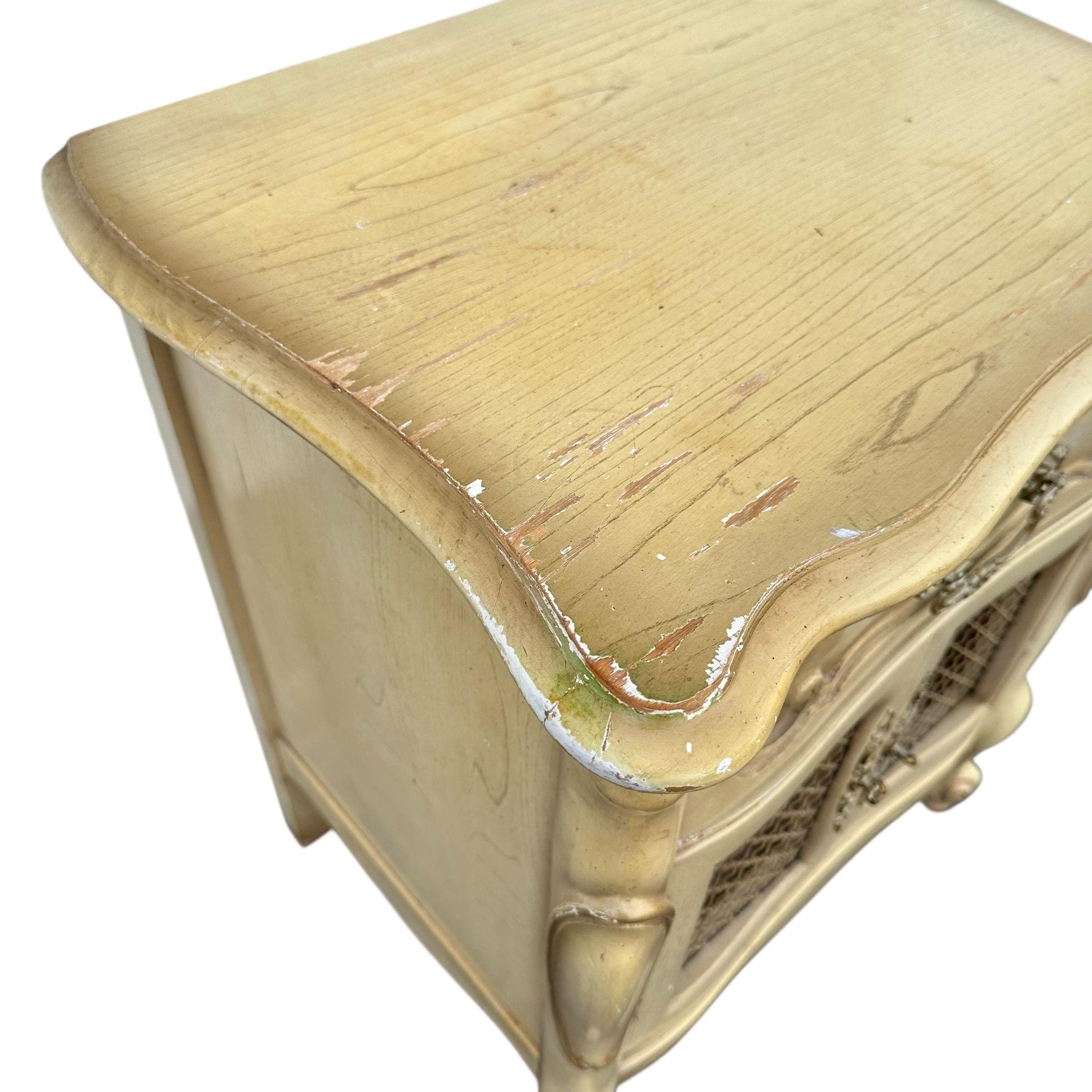 French Provincial Nightstand 27” Tall - Vintage Louis XV Style Carved Wood & Lattice Wire Mesh Doors Shabby Chic End Table - Thumbnail 8