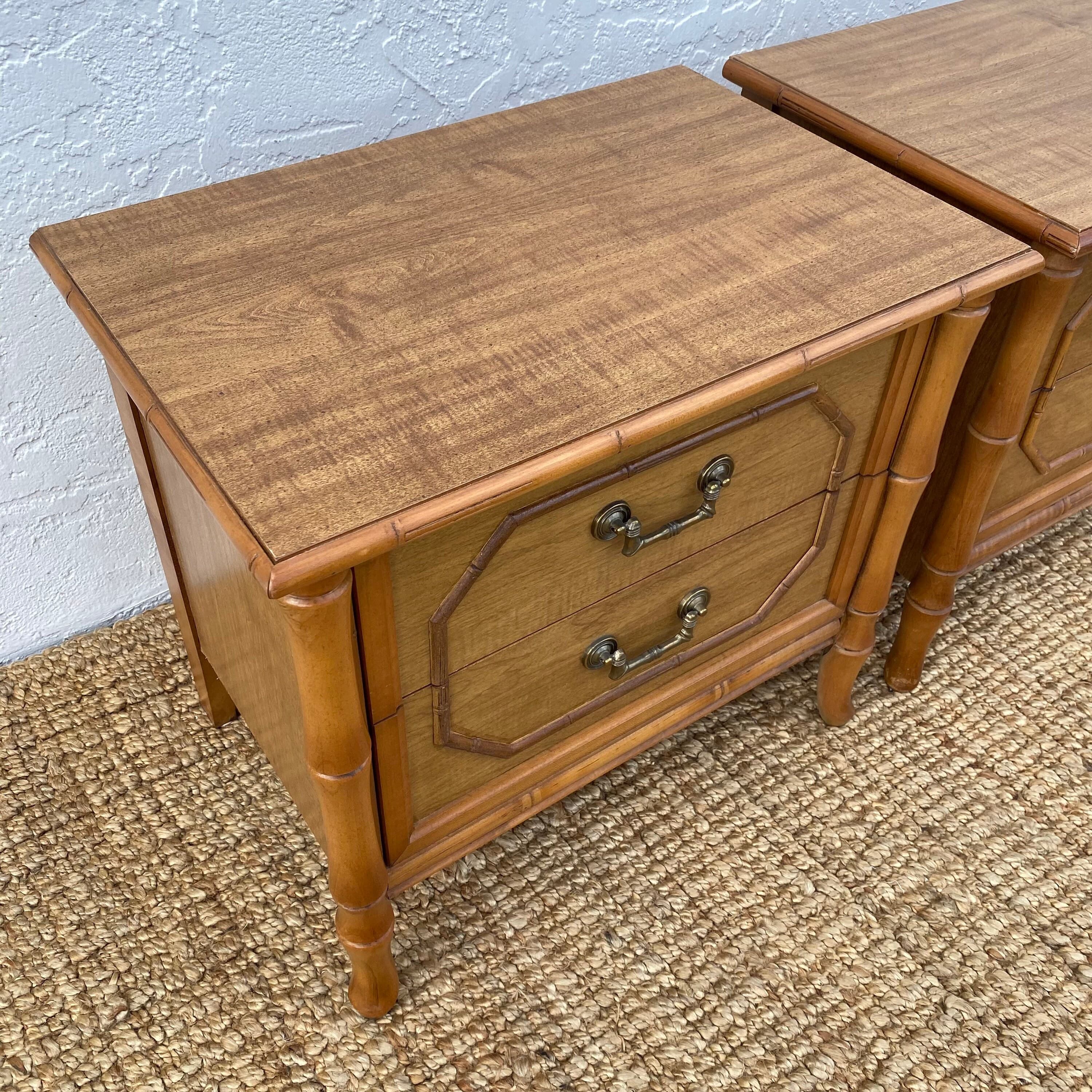 Set of 2 Vintage Faux Bamboo Nightstands - Brown Wooden Broyhill Hollywood Regency Coastal Furniture - Thumbnail 5