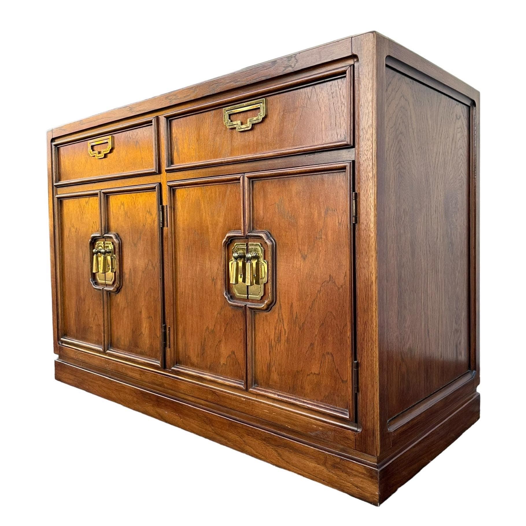 Vintage Chinoiserie Cabinet by Thomasville Mystique 44W 30H - Pecan Wood & Gold Brass Asian Accent Buffet Server Sideboard Table Nightstand - Thumbnail 10