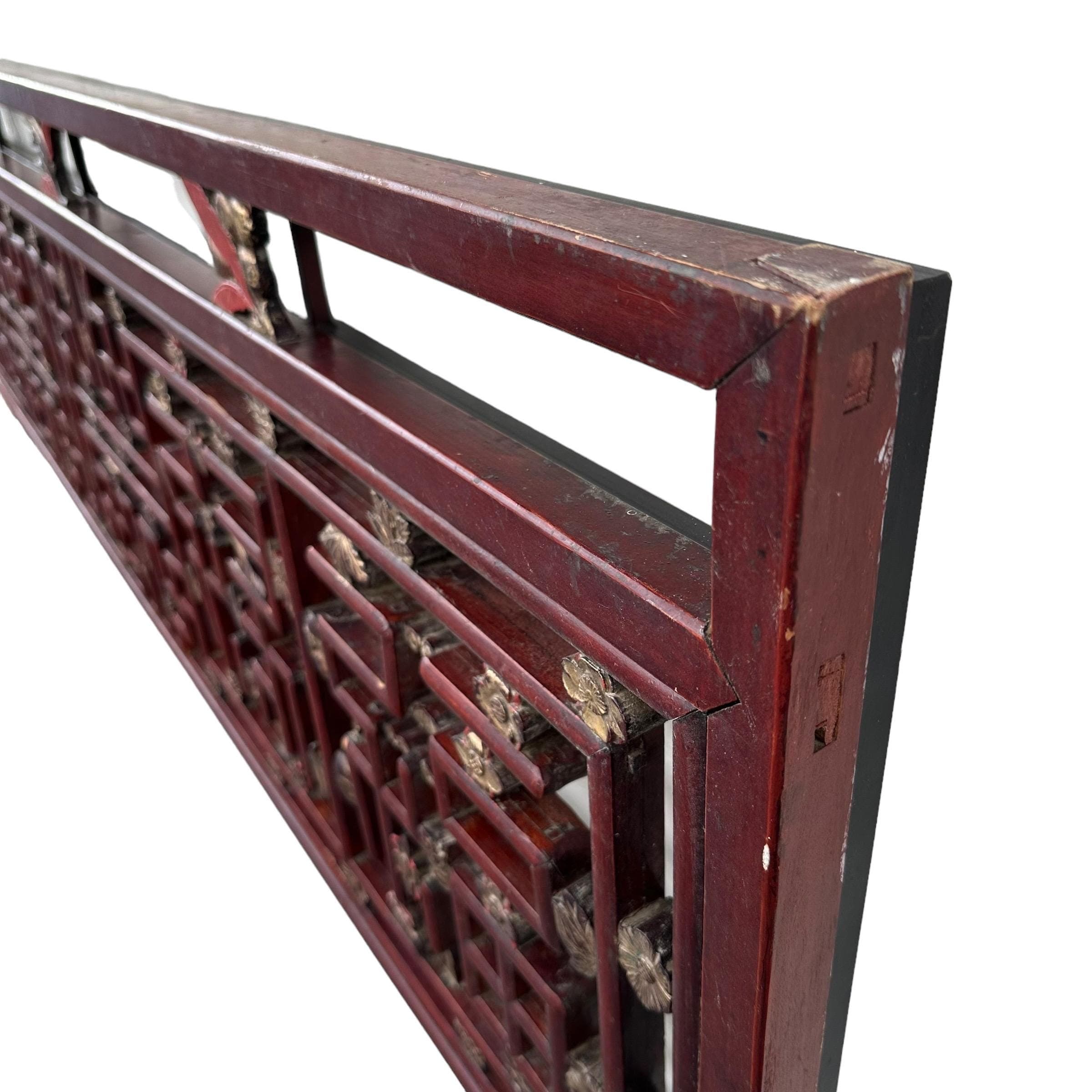Vintage Chinese Chippendale King Headboard with Hand Carved Wood Fretwork Floral Details in Antique Asian Red & Gold and Steel Support Frame - Thumbnail 6