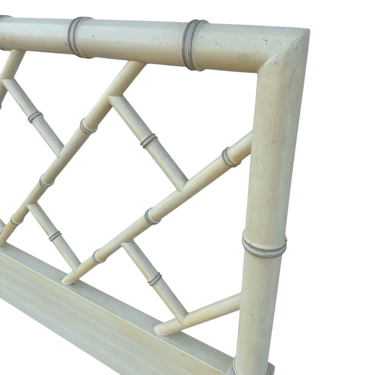 SOLD Chinese Chippendale Queen Headboard by Henry Link Bali Hai - Vintage Creamy White Faux Bamboo Fretwork Full Chinoiserie Coastal - Thumbnail 6