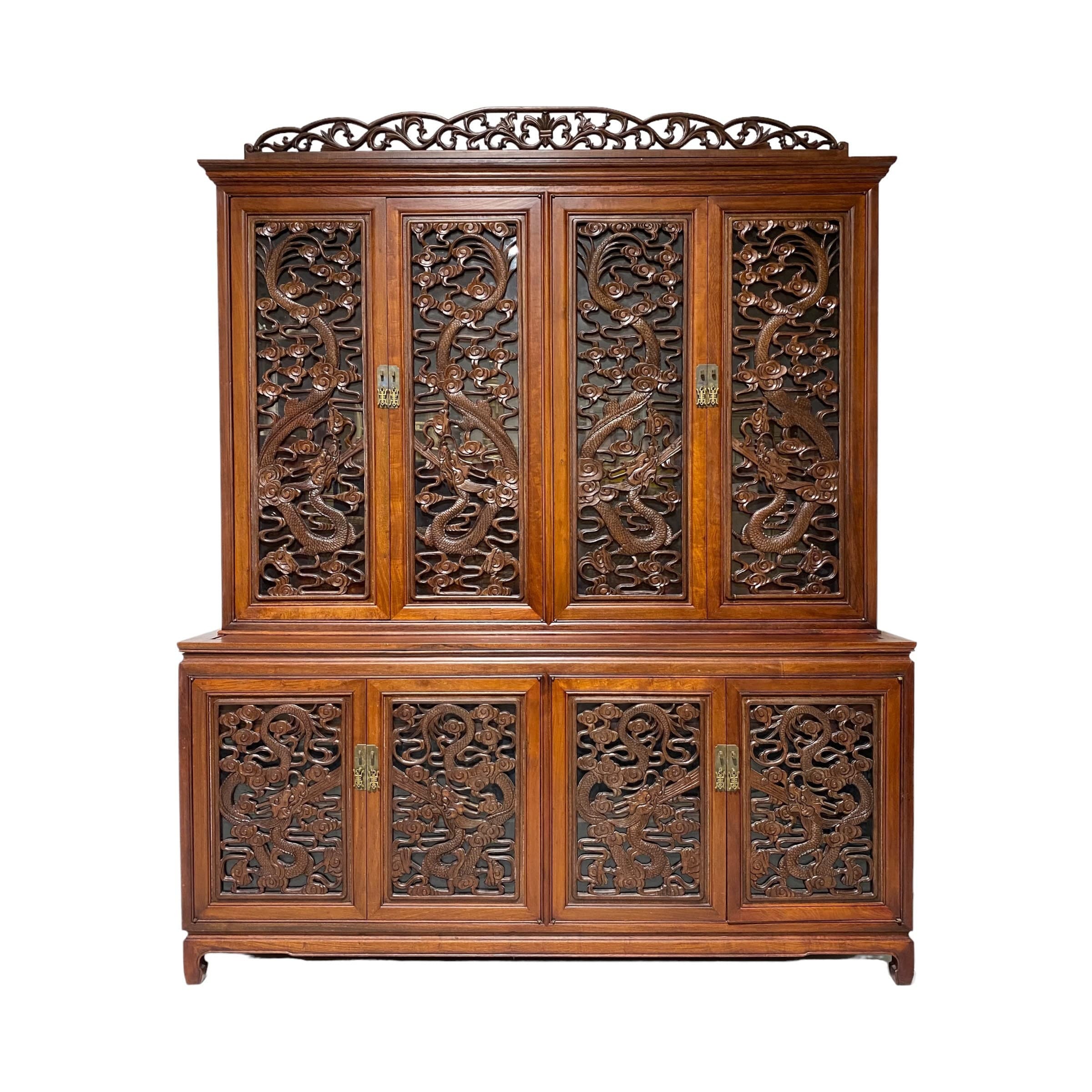 Vintage Rosewood China Cabinet - Hand Carved Fire Dragons, Asian Brass Hardware, Glass Doors, Oriental Display Hutch, Rare Chinese Furniture - Thumbnail 2