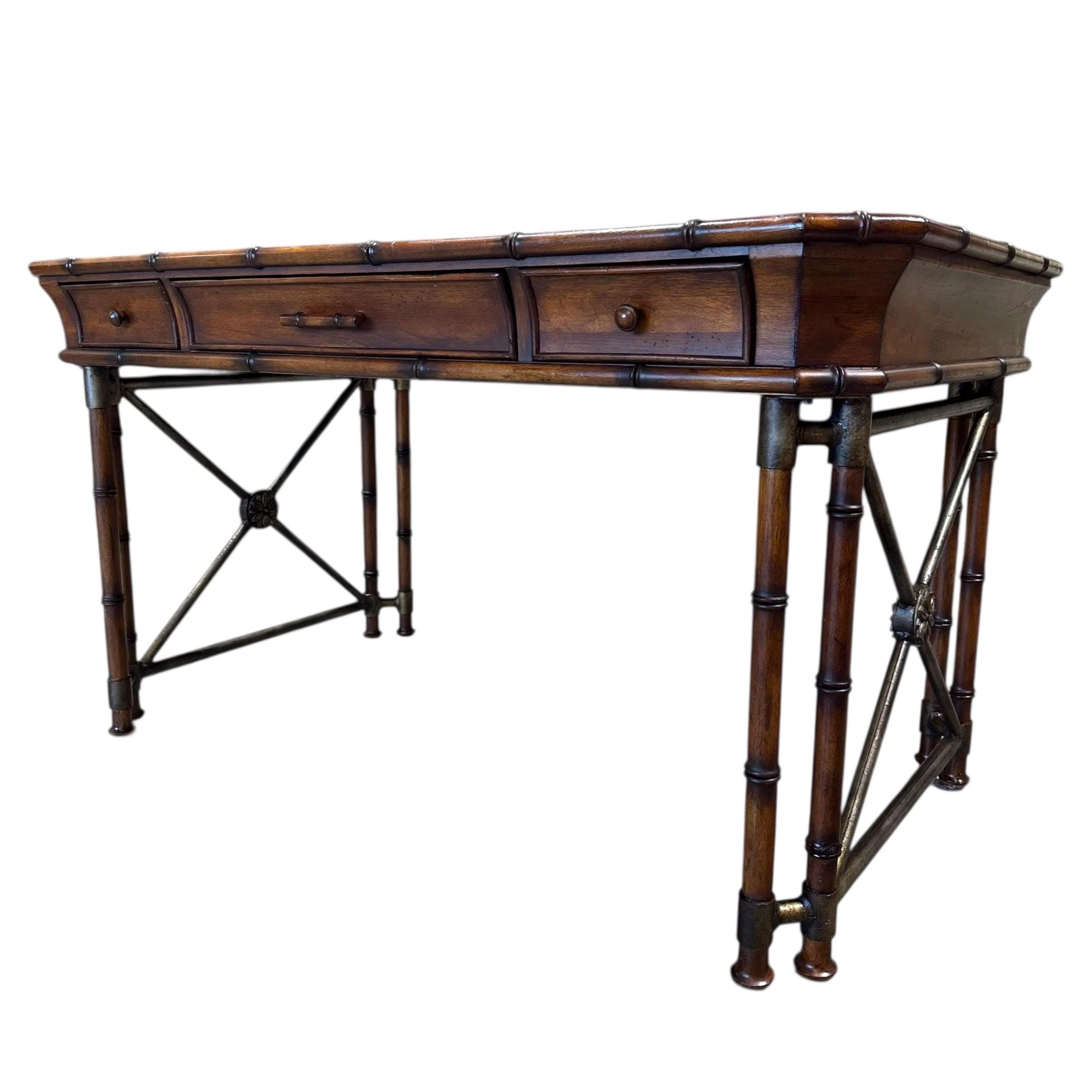 Faux Bamboo Desk by Hooker Furniture - Chinoiserie Burl Wood & Iron Writing Table Hollywood Regency Coastal Office Furniture - Thumbnail 17