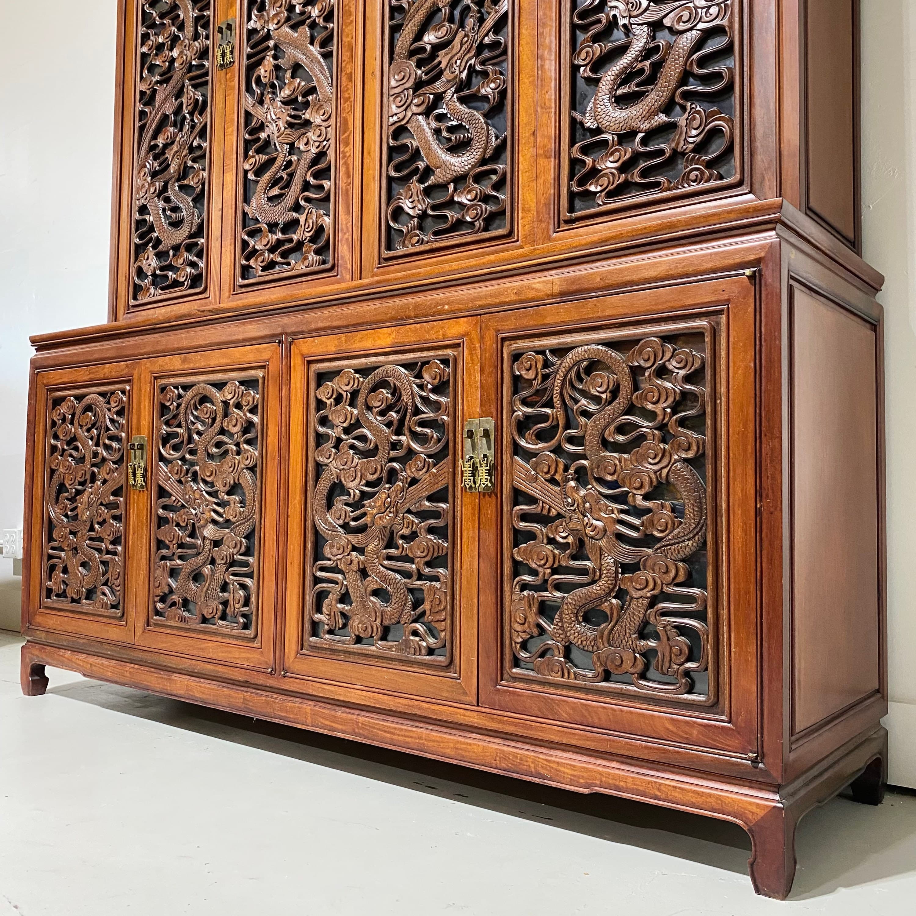 Vintage Rosewood China Cabinet - Hand Carved Fire Dragons, Asian Brass Hardware, Glass Doors, Oriental Display Hutch, Rare Chinese Furniture - Thumbnail 7