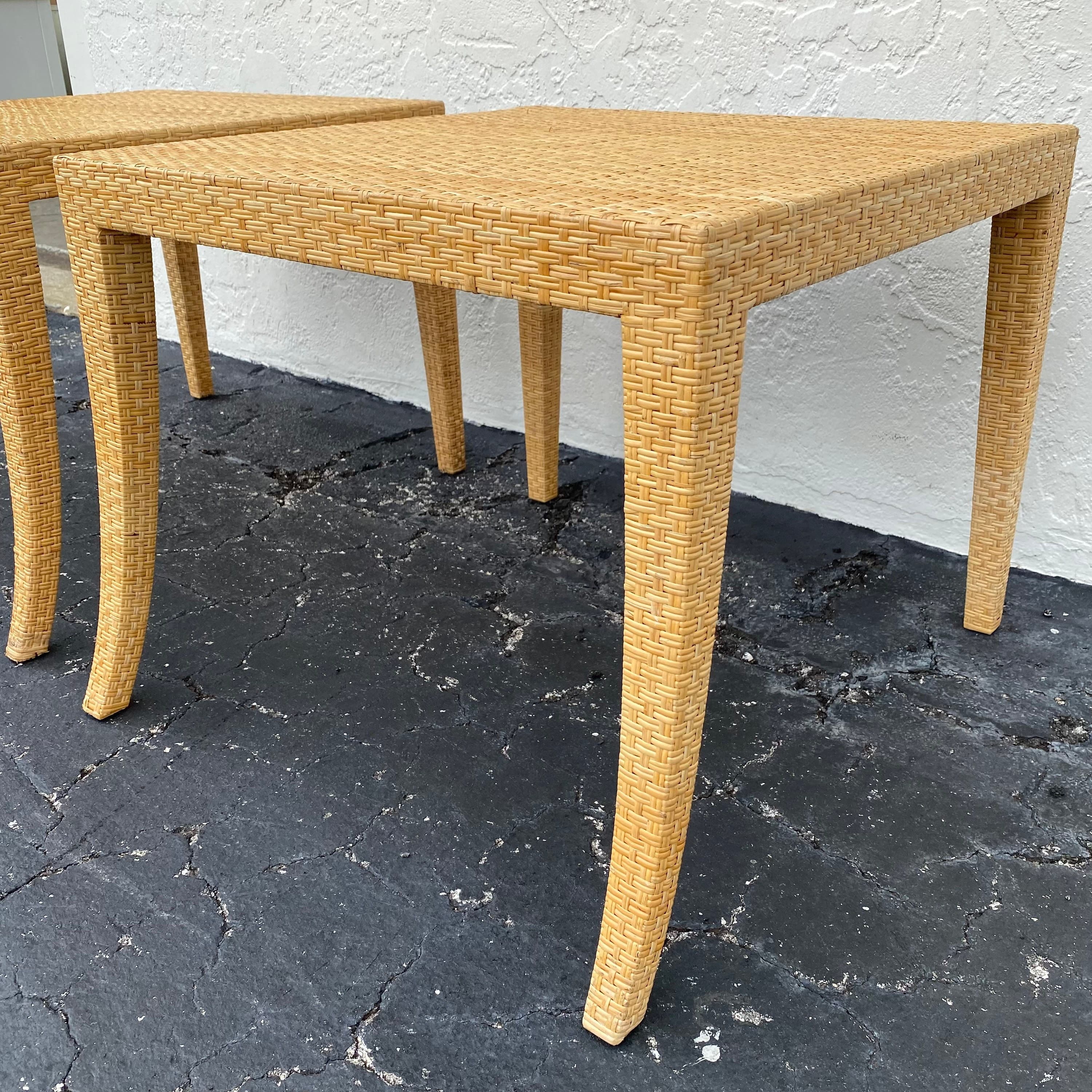 Rattan End Tables Pair - Set of 2 Vintage Natural Woven Wicker Side Table - Coastal Boho Chic Hollywood Regency MCM Furniture - Thumbnail 6