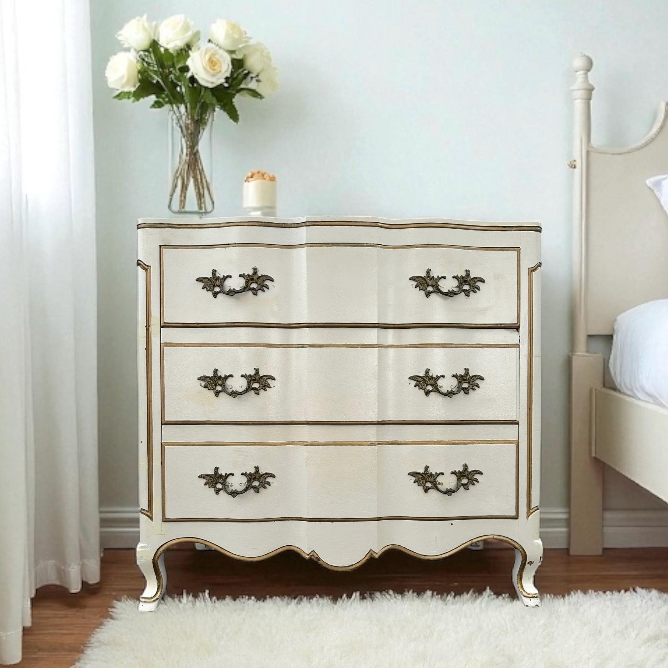 Vintage White French Provincial Nightstand by John Widdicomb - 3 Drawer Dresser Chest, Antique Gold Trim, Romantic Cottage Shabby Chic Style - Image 1