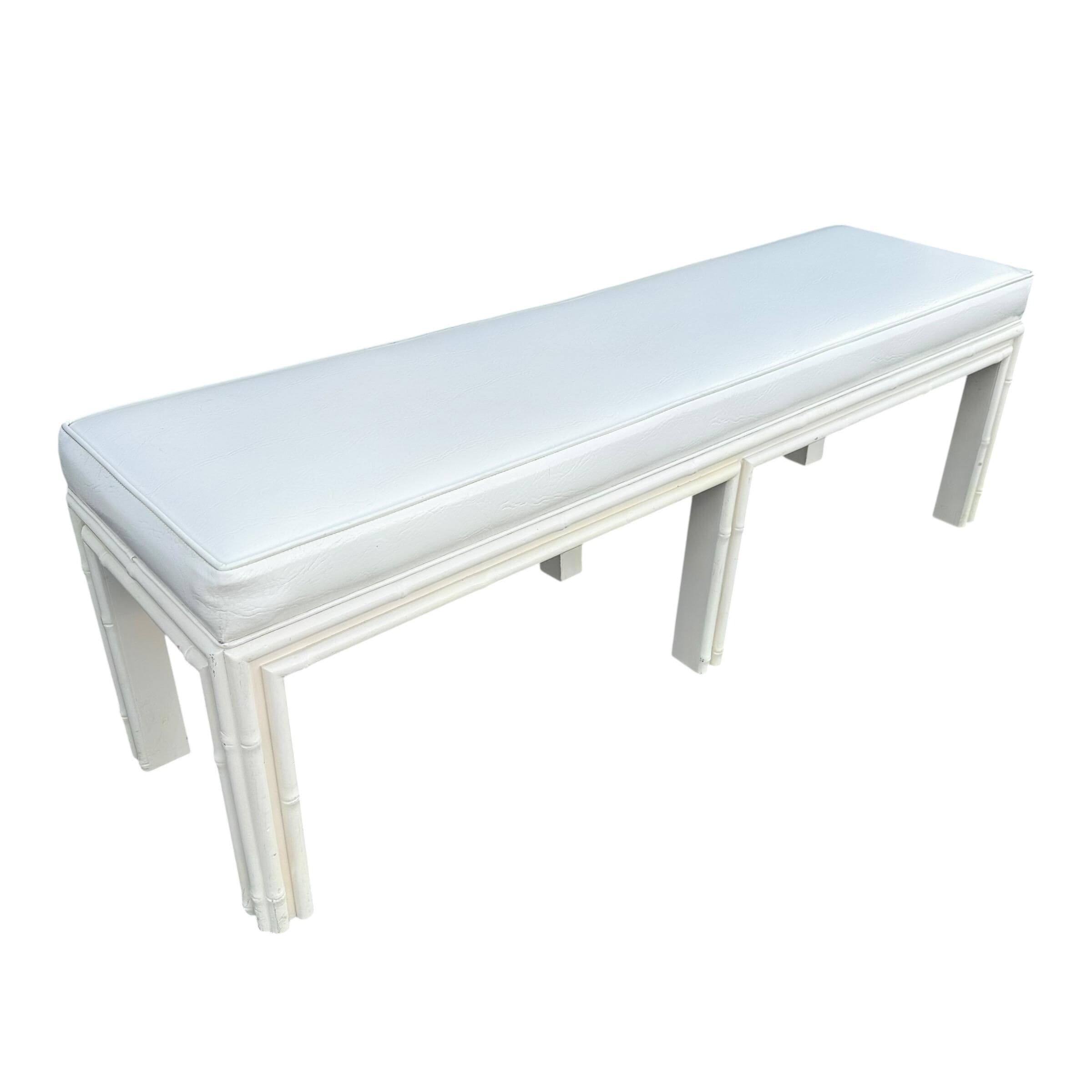 White Hollywood Regency Bench 61” Long - Vintage Faux Bamboo Wood & Leather Like Upholstered Seat - Coastal Mid Century Style Furniture - Thumbnail 3