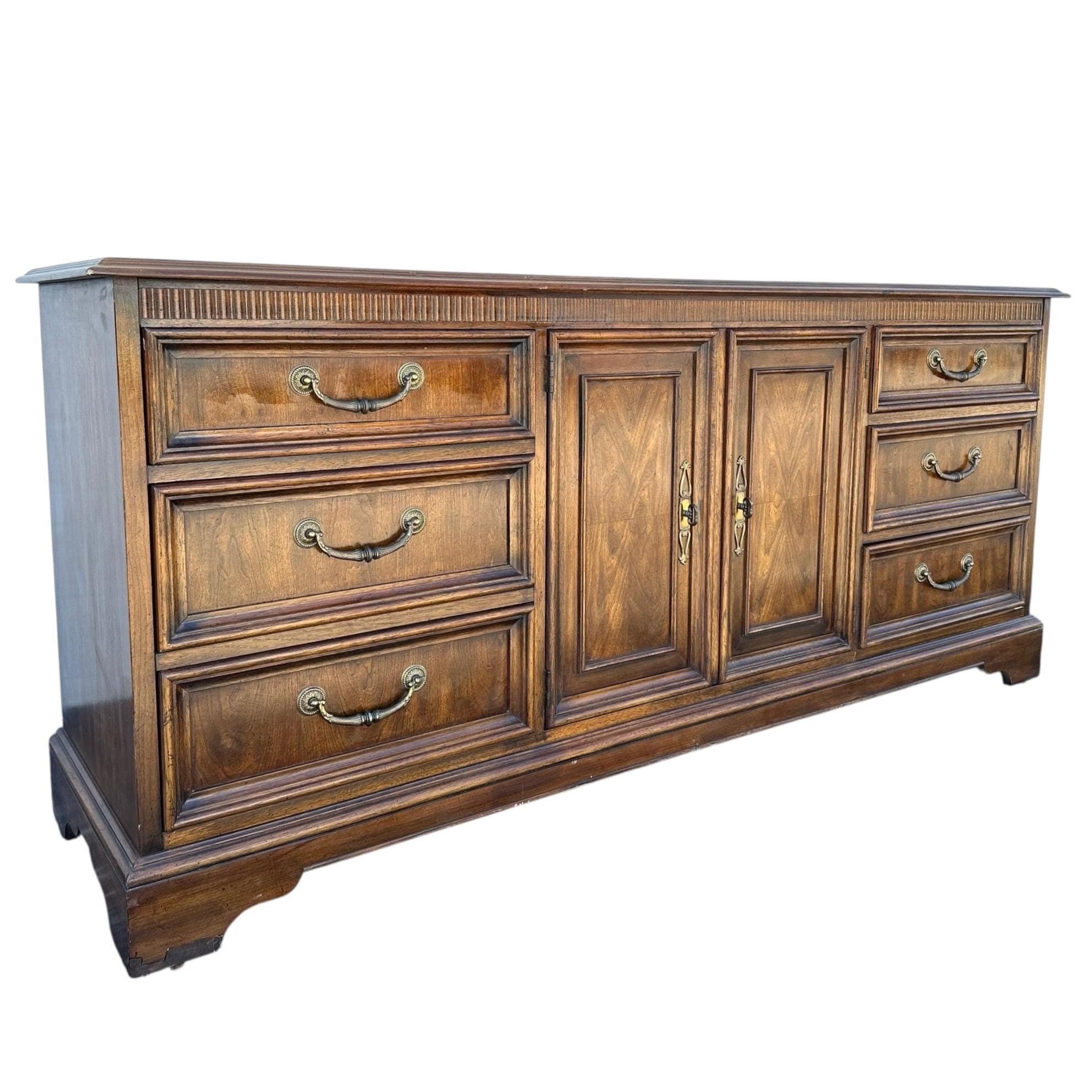 Vintage Drexel Heritage Tryon Manor Dresser 71” English Tudor Style, Solid Wood, Brass Pulls - Thumbnail 2