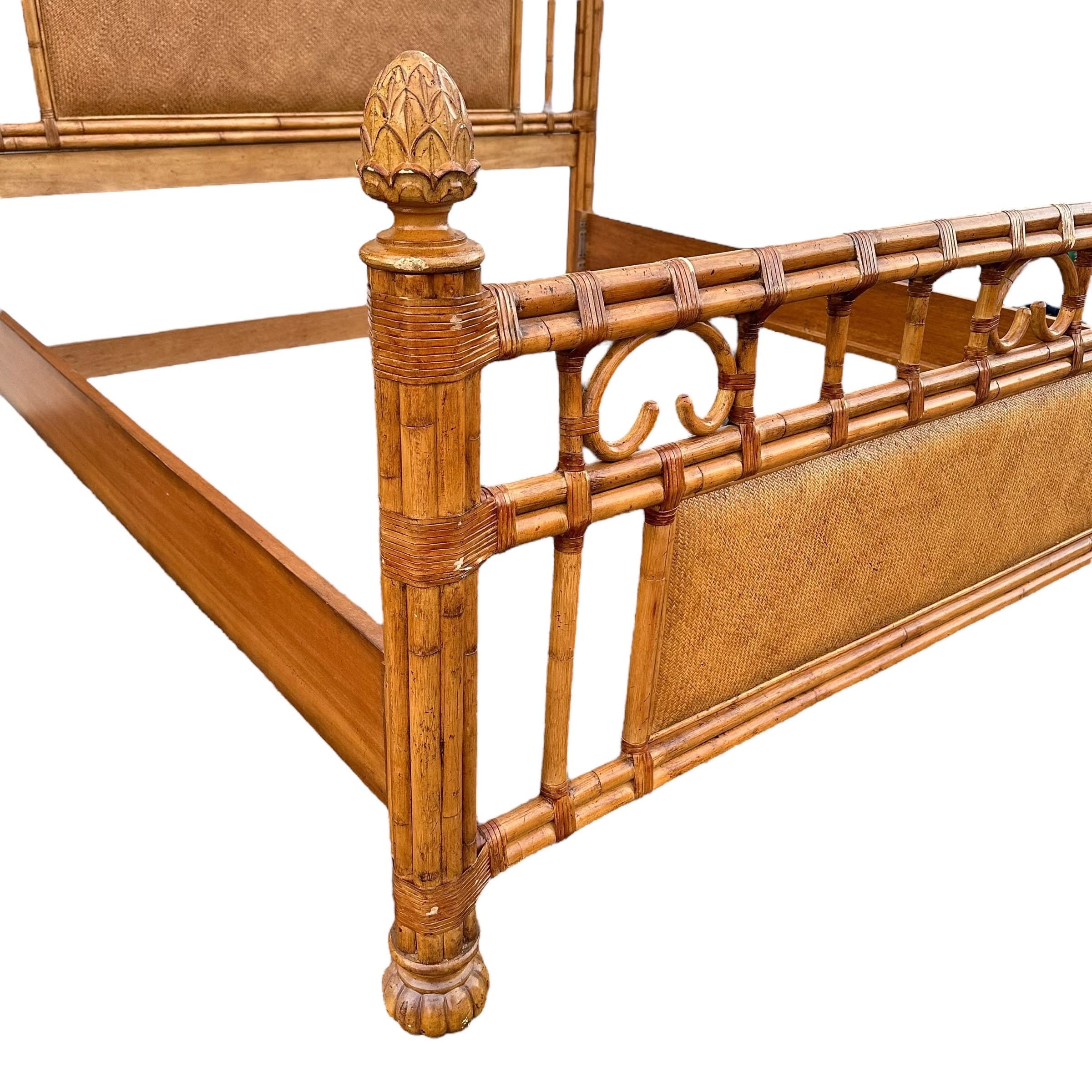 Bamboo King Bed with Rattan Post Headboard & Footboard 71" Tall - Coastal Wicker Carved Wood Artichoke Finials Tommy Bahama Style Furniture - Thumbnail 4