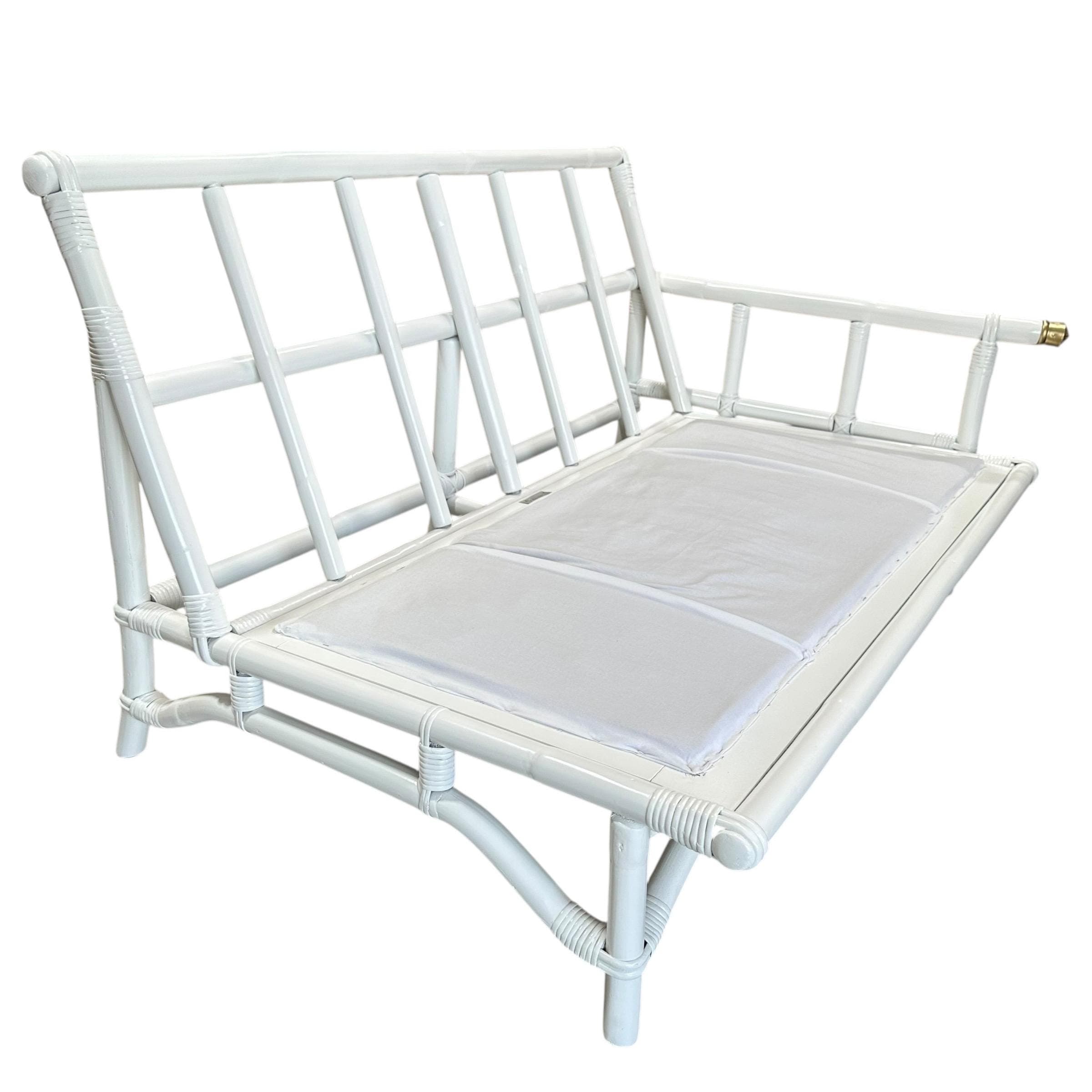 Ficks Reed White Rattan Sofa 50” - Vintage 1950s Midcentury One Arm Settee with Brass Floral Cap - John Wisner Loveseat - Thumbnail 4