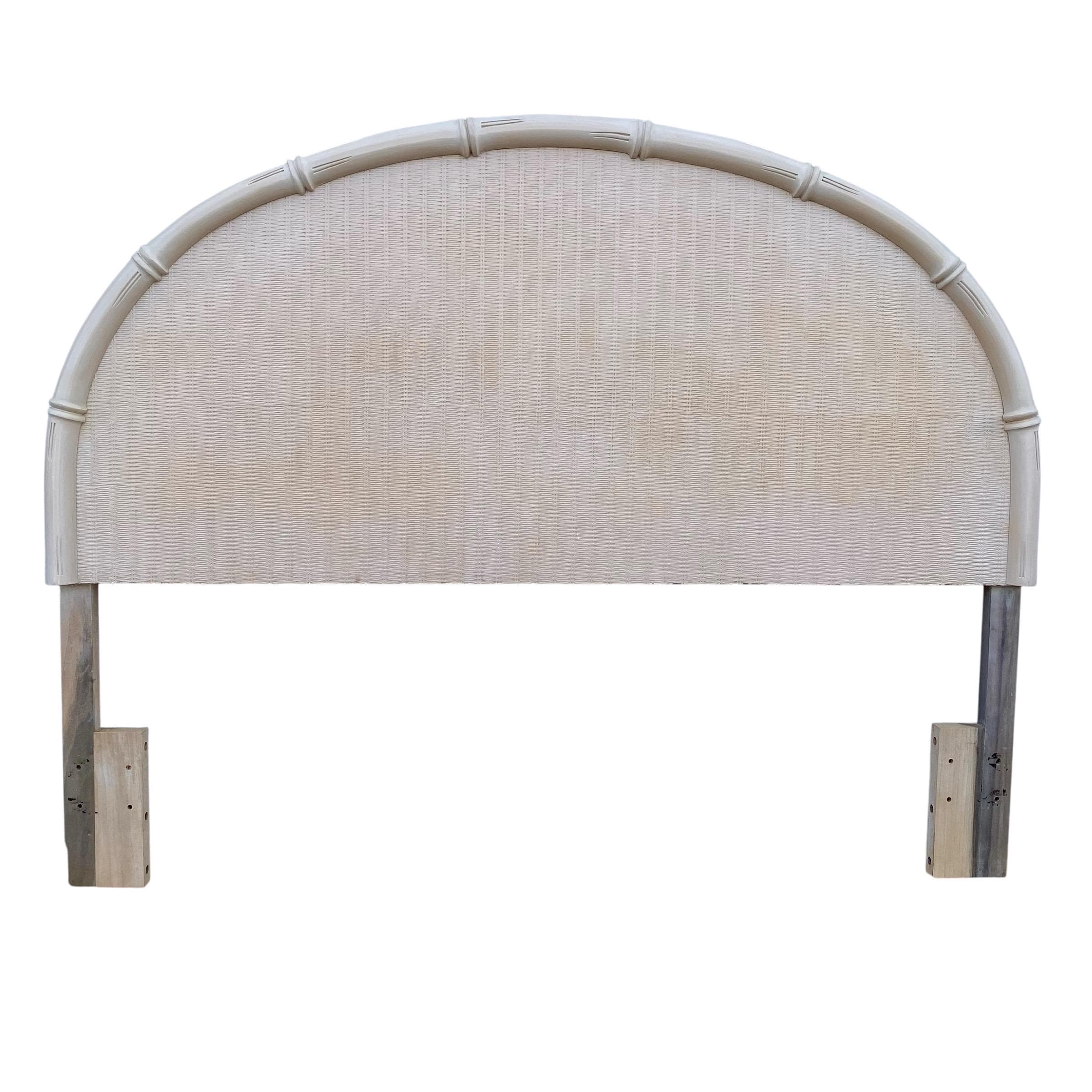 Queen Headboard with Faux Bamboo & Rattan Wicker by Broyhill - Whitewash Wooden Arched Curved Half Moon Style Coastal Full Bedroom Furniture - Thumbnail 8