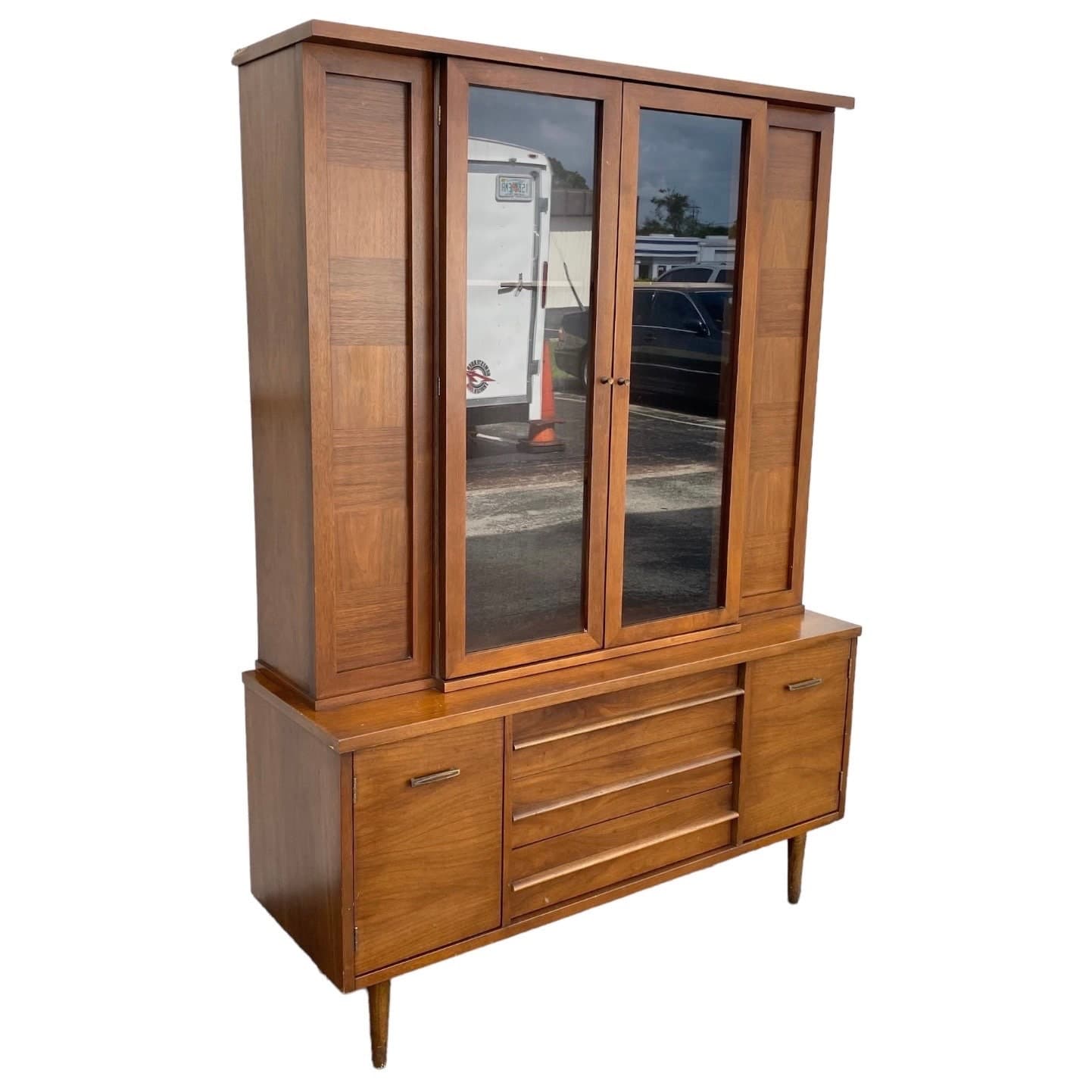 MidCentury Modern China Cabinet with Glass Display Wood Hutch and 3 Dovetailed Drawers - Vintage MCM Walnut Wooden Furniture - Thumbnail 8