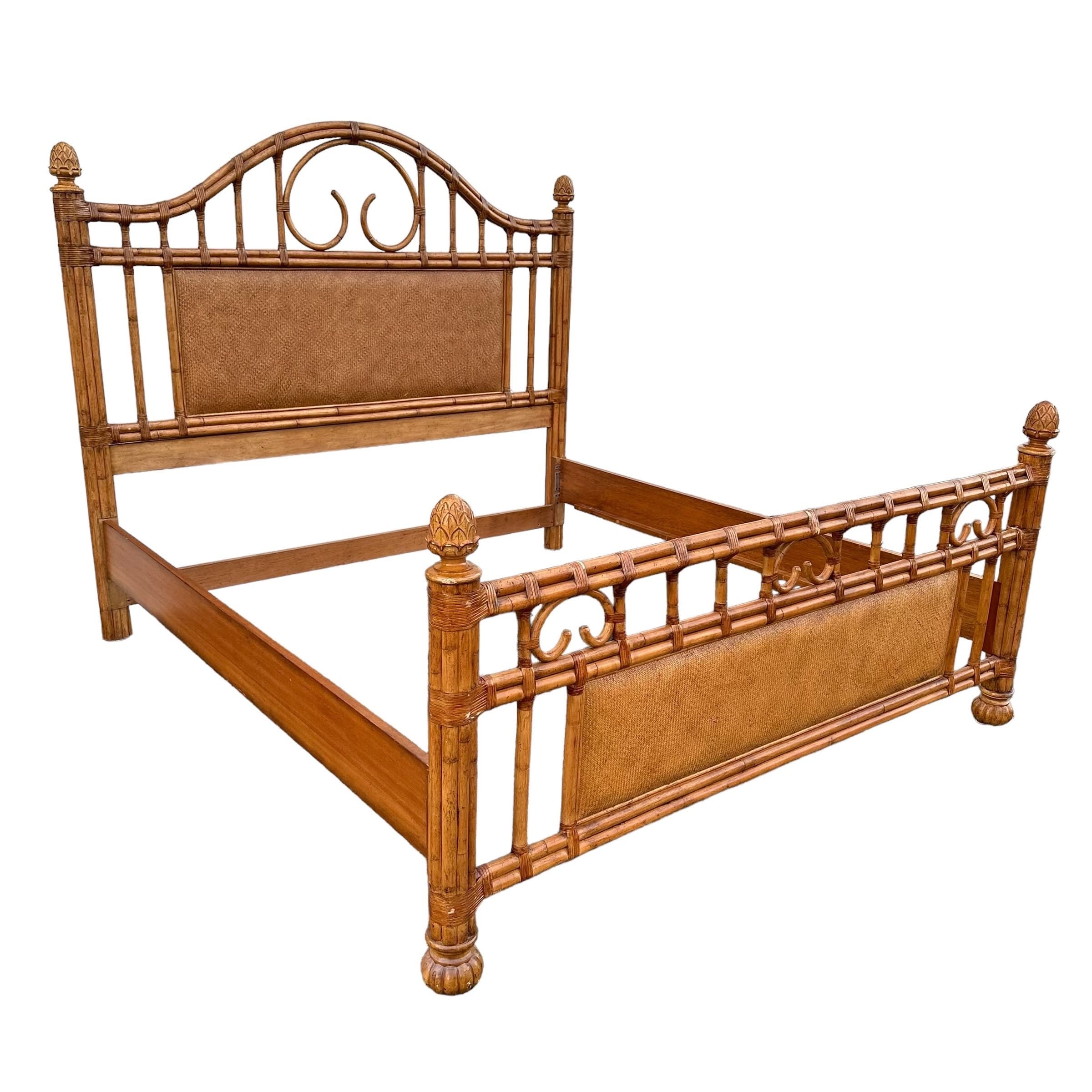Bamboo King Bed with Rattan Post Headboard & Footboard 71" Tall - Coastal Wicker Carved Wood Artichoke Finials Tommy Bahama Style Furniture - Thumbnail 9