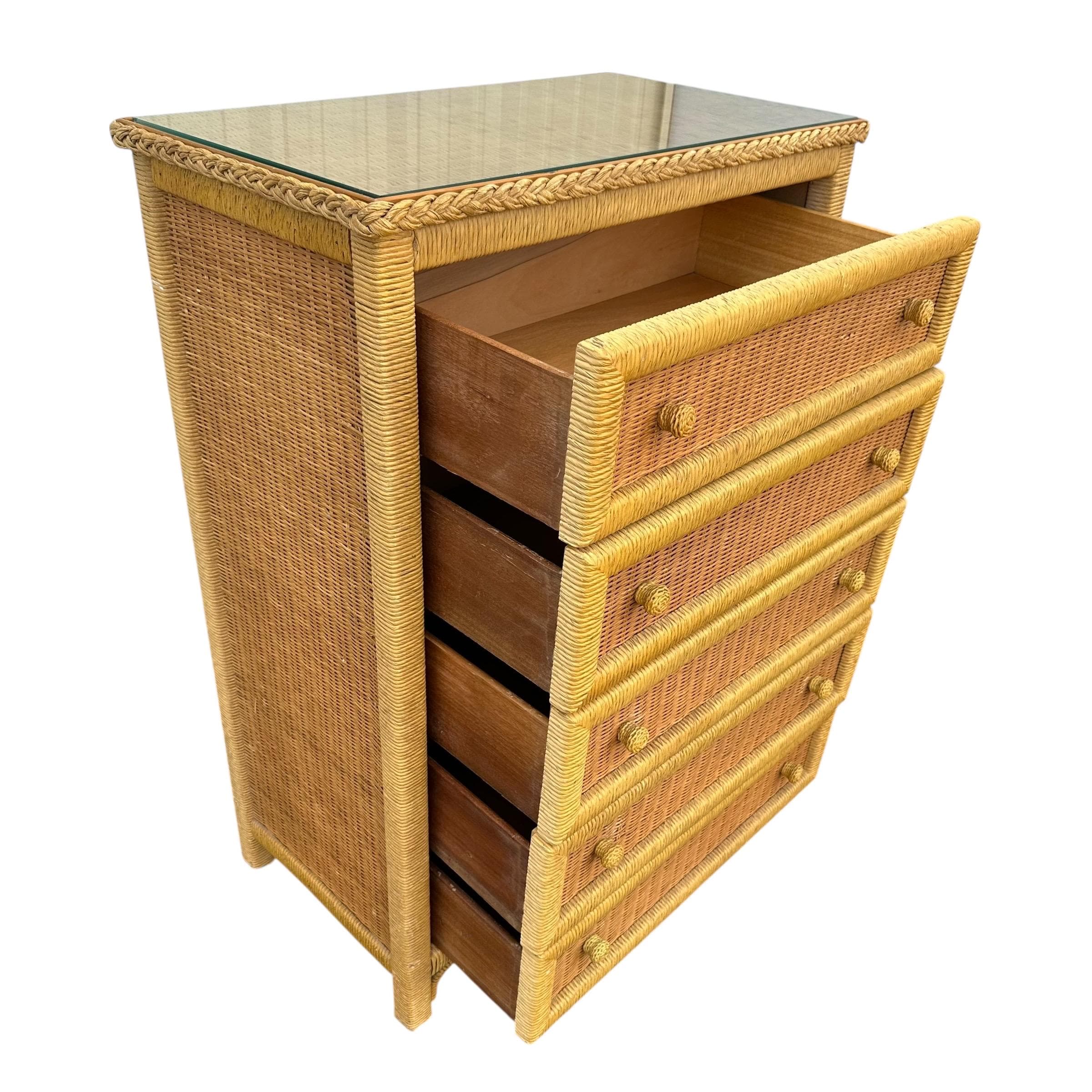 Wicker Dresser Chest by Henry Link - Vintage Natural Wrapped Rattan 5 Drawer Boho Chic Coastal Bamboo Style - Thumbnail 6
