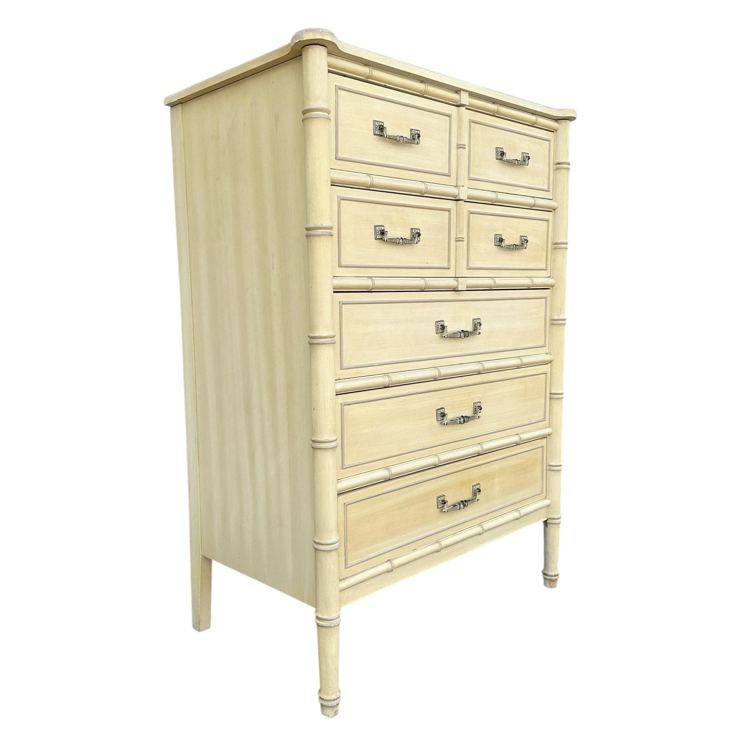 Vintage Henry Link Tallboy Dresser - Creamy White, Faux Bamboo, Hollywood Regency Style - Thumbnail 2