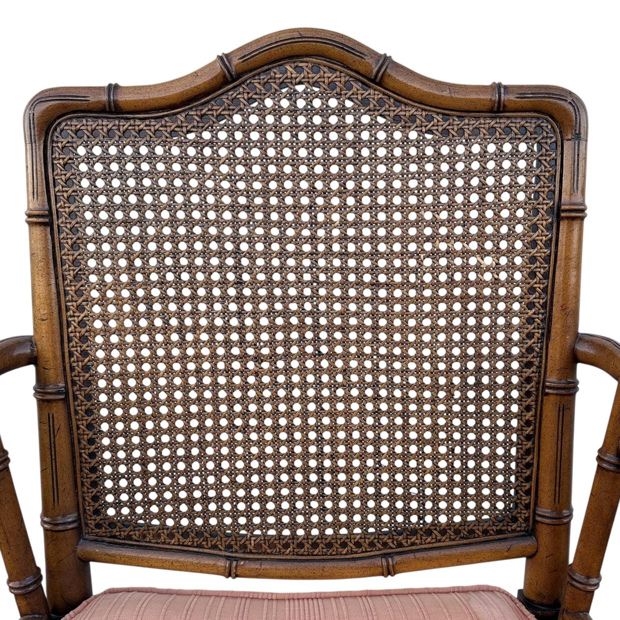 Vintage Chinese Chippendale Arm Chair - Faux Bamboo, Rattan Cane Back, Brown Wood, Hollywood Regency Chinoiserie Fretwork - Thumbnail 5