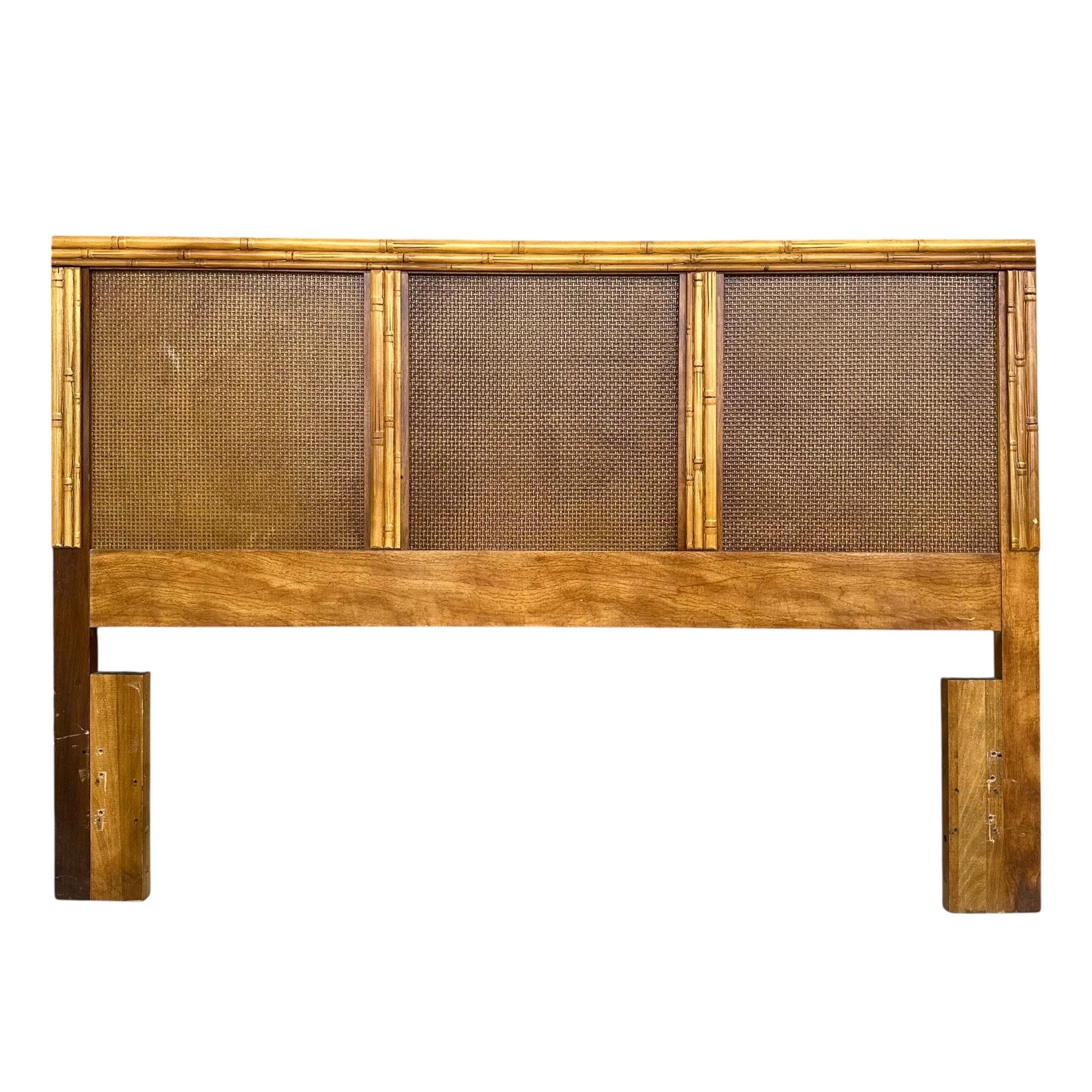 Vintage Queen Headboard with Faux Bamboo and Rattan - Florida Furniture Coastal Wooden Bedroom Furniture - Image 1