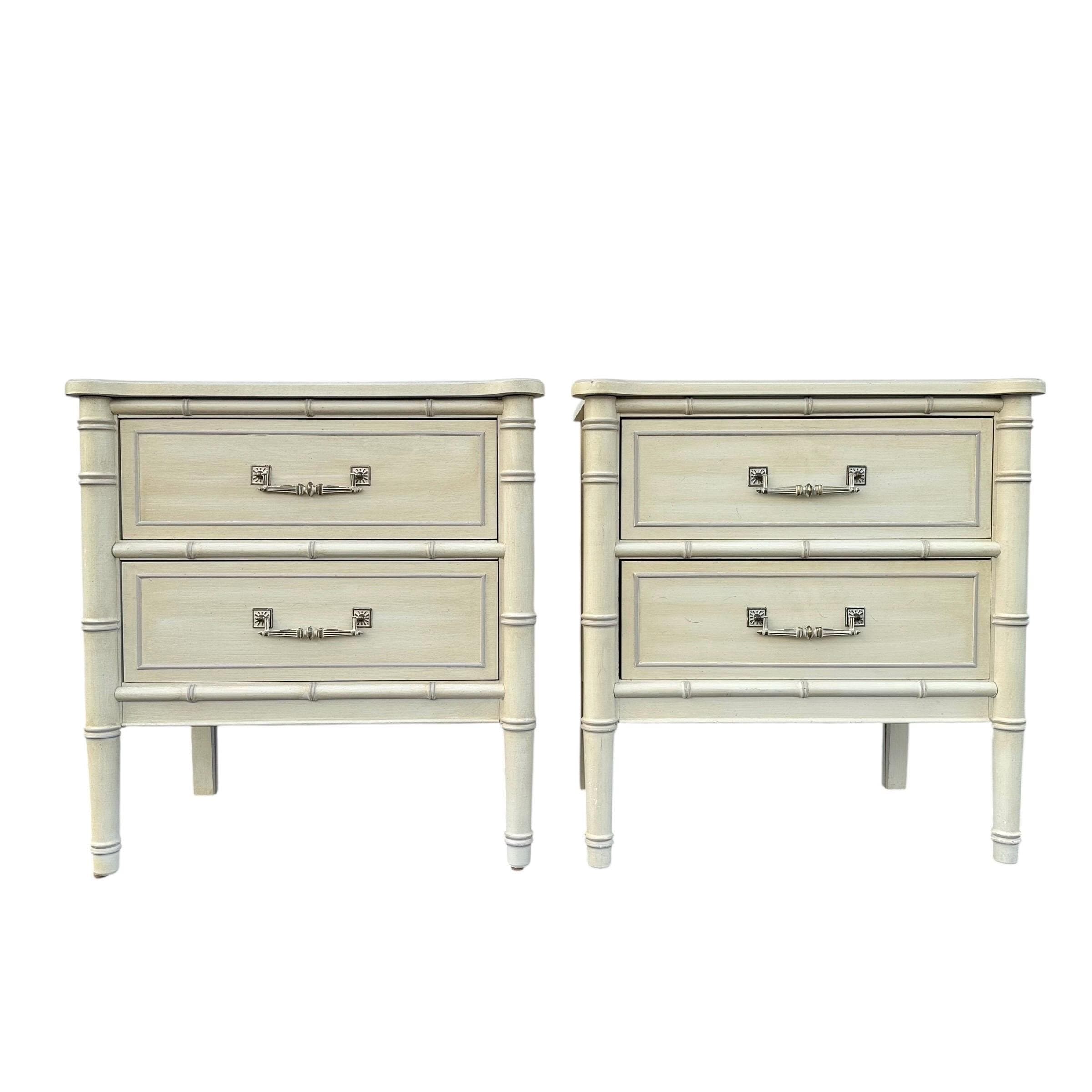 Henry Link Nightstands Set of 2 - Original Vintage Creamy White Bali Hai Faux Bamboo End Tables Pair Hollywood Regency Chinoiserie Style - Image 1