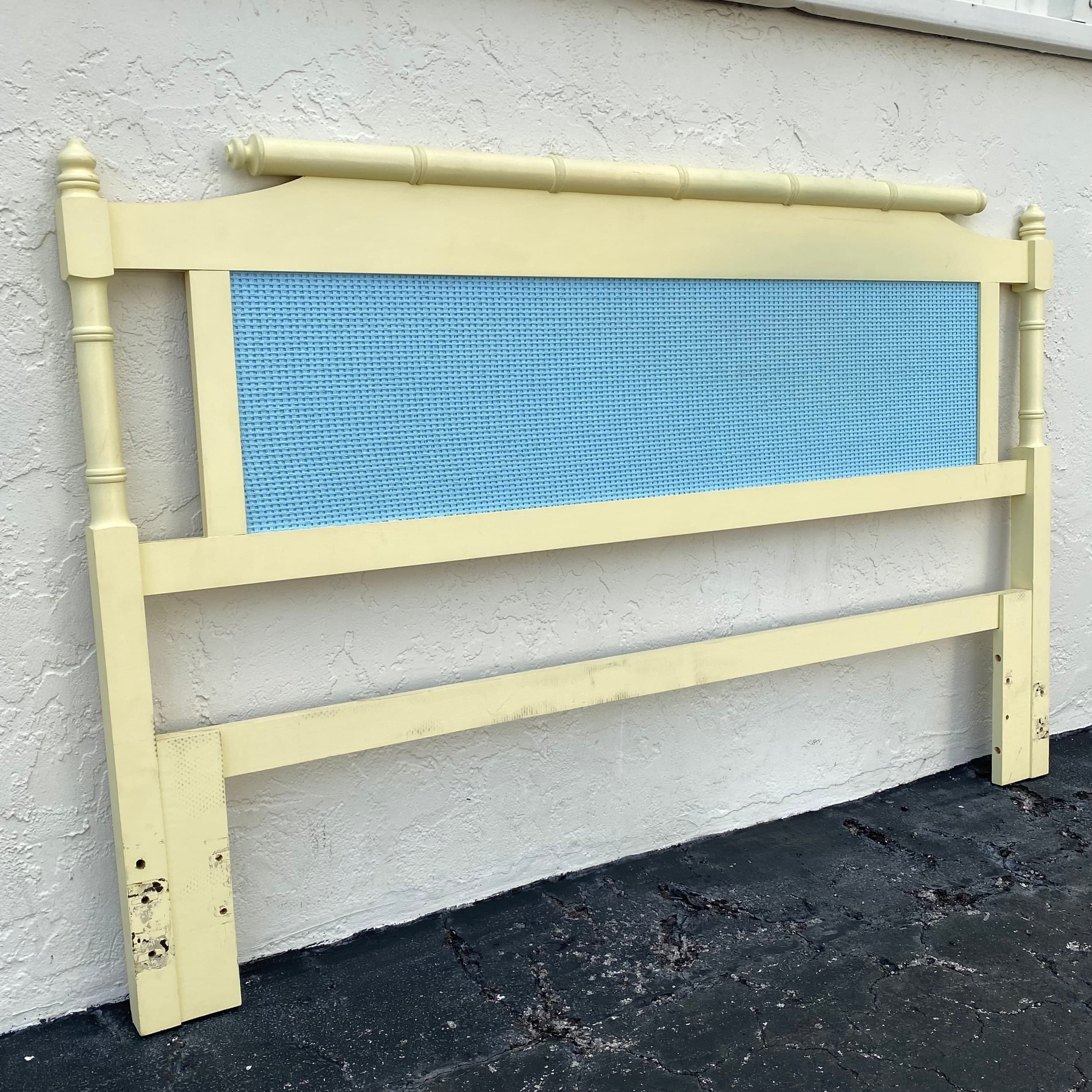 Faux Bamboo Queen Headboard - Vintage Coastal Yellow & Blue Bedroom Furniture - Thumbnail 2