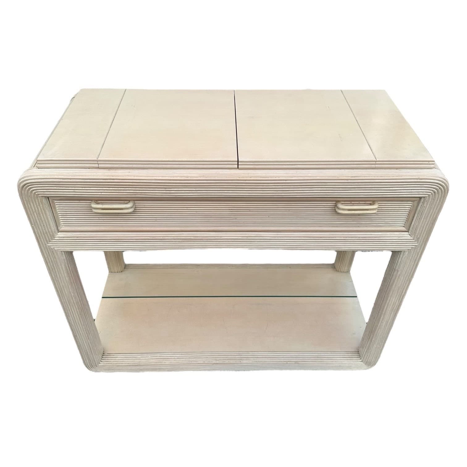 Pencil Reed Server by American Drew with Expanding Table Top & White Wash Wood - Vintage Hollywood Regency Coastal Rattan Rolling Bar Cart - Thumbnail 2