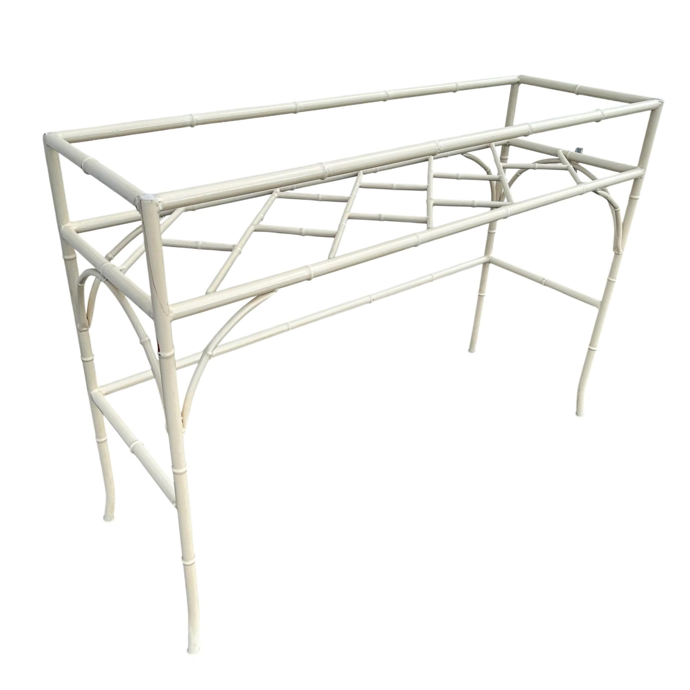 White Faux Bamboo Console Table 42” - Vintage Chinese Chippendale Fretwork Hollywood Regency Mid-Century Wrought Iron Patio Table - Thumbnail 9