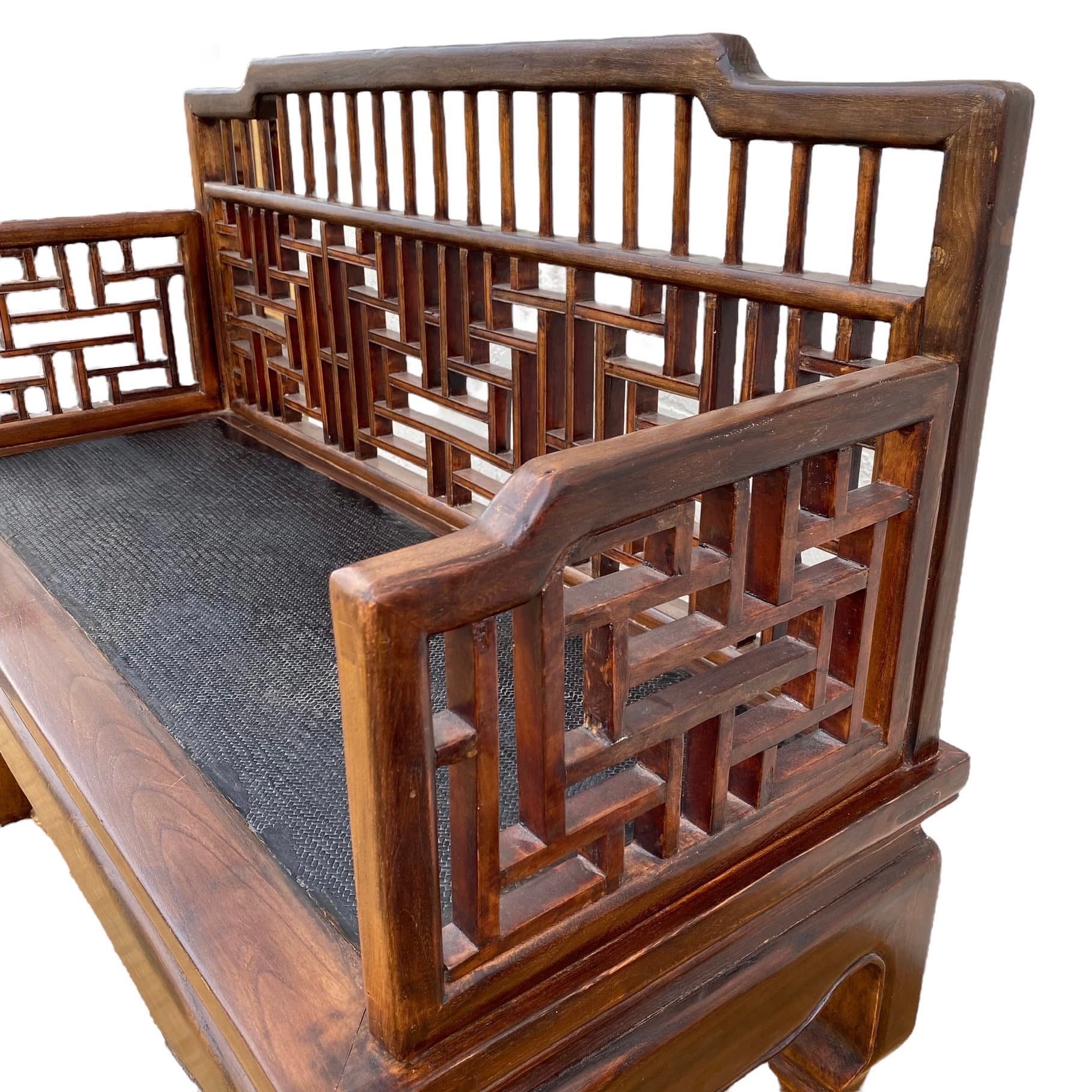 Asian Fretwork Bench 43" - Vintage Chinese Chippendale Carved Wood Oriental Settee Chair Chinoiserie Furniture - Thumbnail 4
