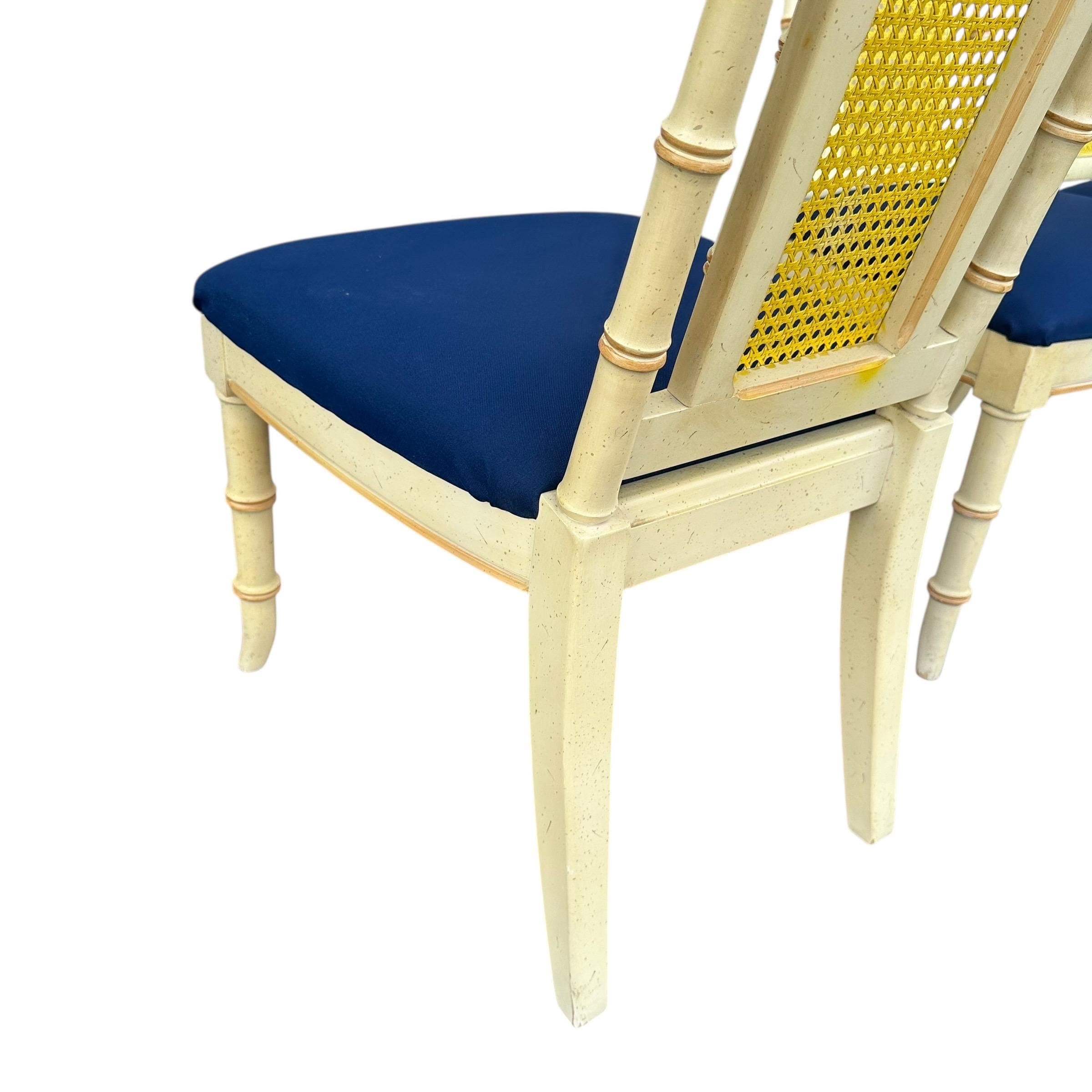 Set of 4 Faux Bamboo Dining Chairs - Vintage Wood & Rattan Cane Hollywood Regency Coastal Style - Thumbnail 11