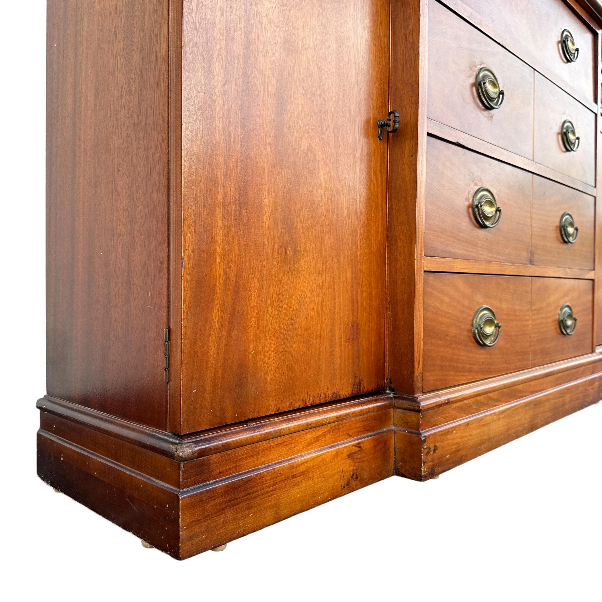 Vintage Cabinet with Gold Pagoda Bubble Glass Doors & Skeleton Key - Georgian Style Wood Butler’s Hutch Breakfront China Domed Display Case - Thumbnail 4