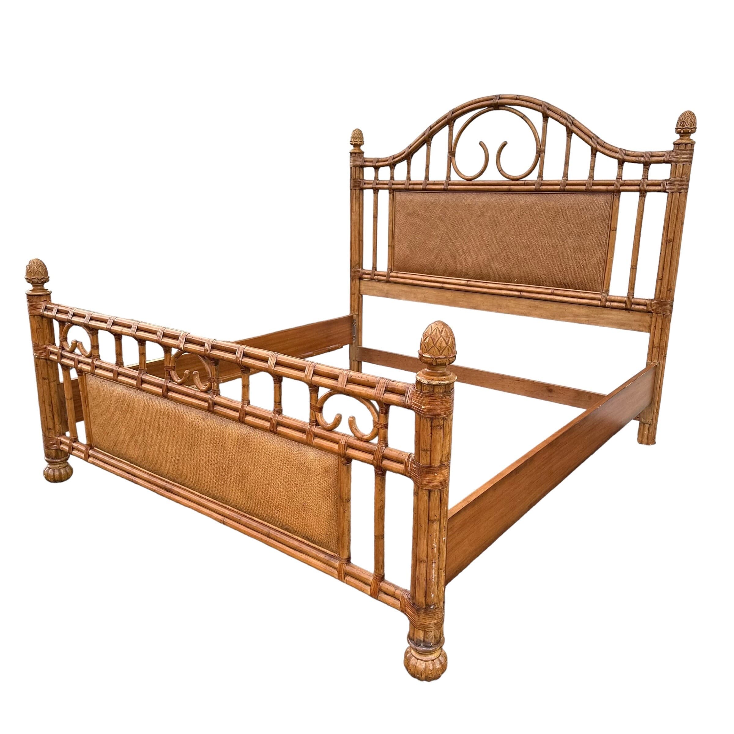 Bamboo King Bed with Rattan Post Headboard & Footboard 71" Tall - Coastal Wicker Carved Wood Artichoke Finials Tommy Bahama Style Furniture - Thumbnail 2