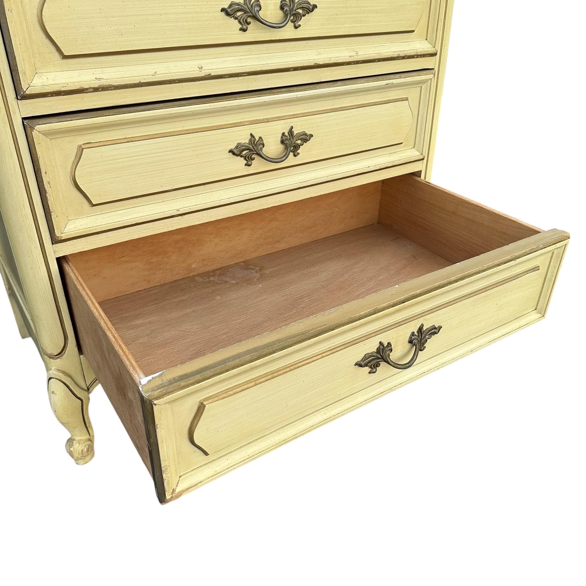 French Provincial Nightstand Chest by Henry Link with 3 Drawers 30” Tall - Vintage Cream & Gold Shabby Chic Louis XV End Table Dresser - Thumbnail 5