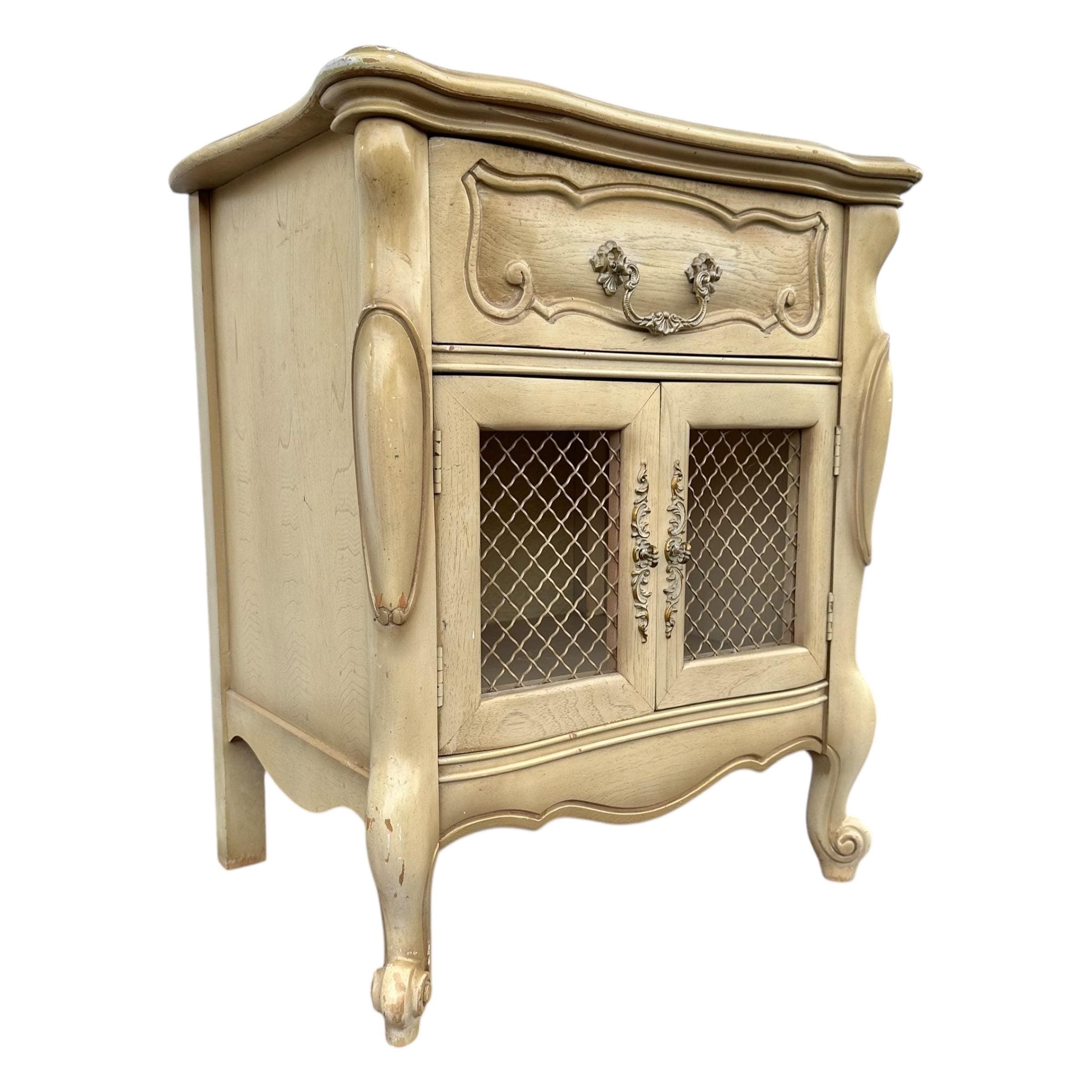 French Provincial Nightstand 27” Tall - Vintage Louis XV Style Carved Wood & Lattice Wire Mesh Doors Shabby Chic End Table - Thumbnail 10